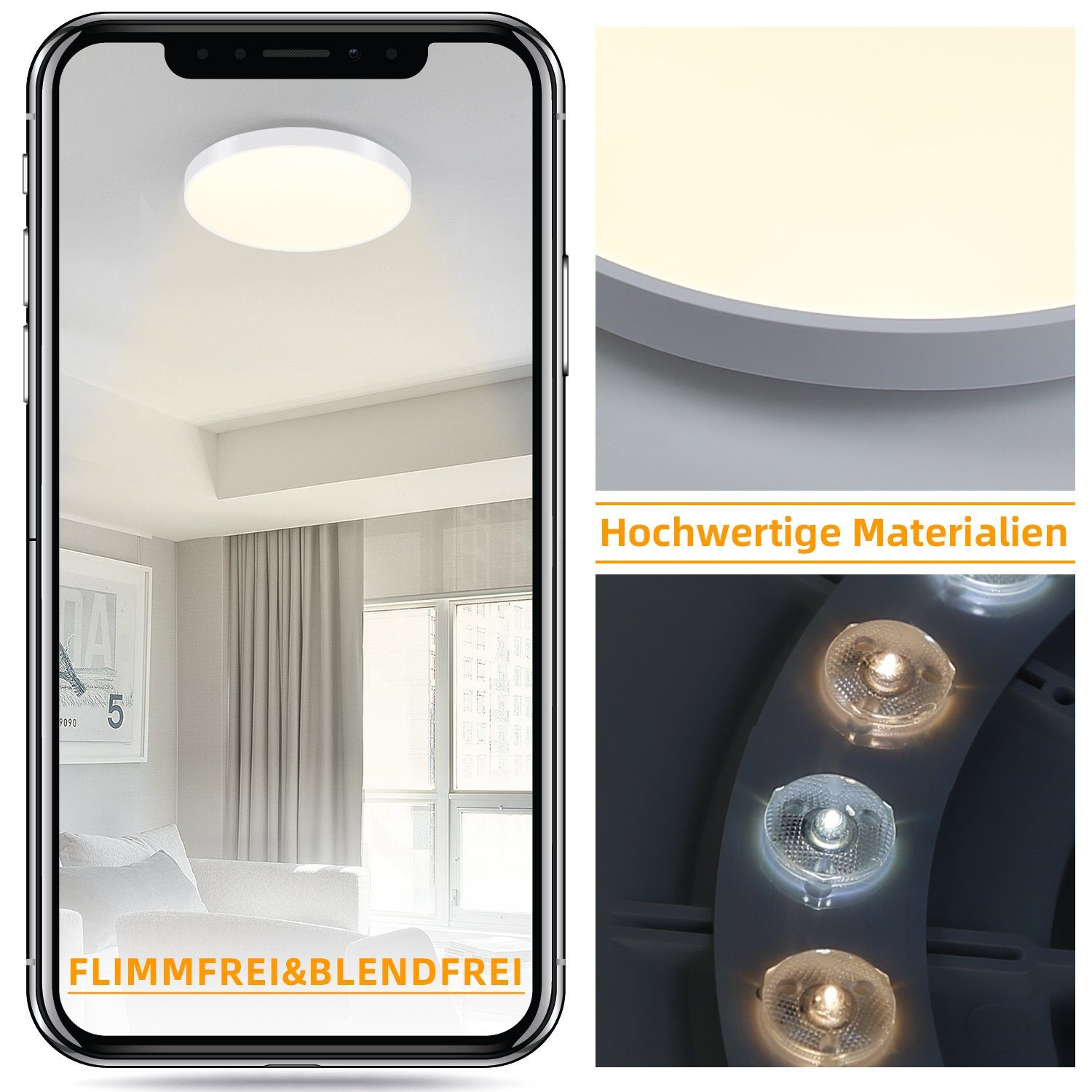 Uno smartphone mostra una plafoniera. Mostra un primo piano della luce e i dettagli del design.