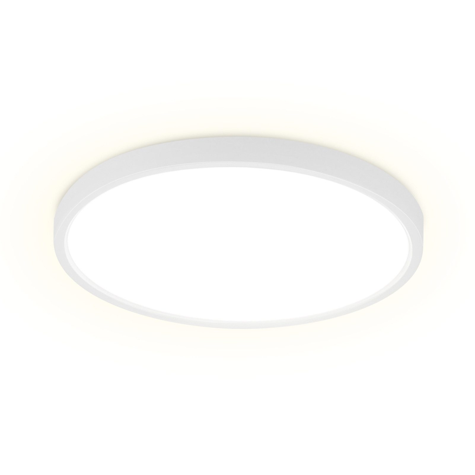 Una plafoniera bianca e rotonda con una luce bianca brillante.