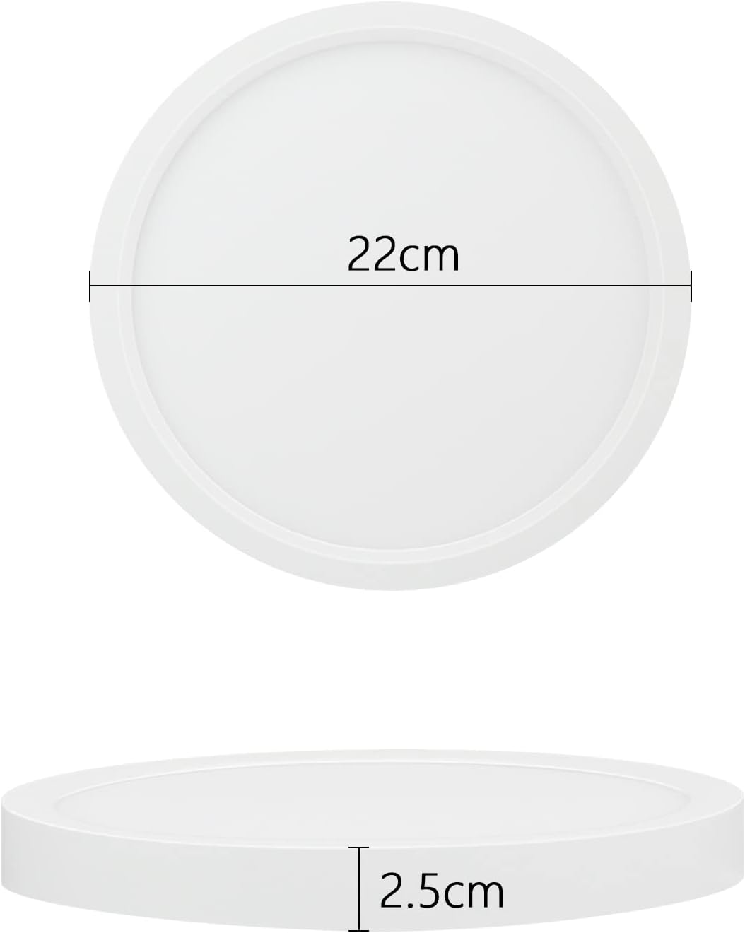 Una luce da soffitto rotonda bianca con dimensioni: 22cm diametro, 2.5cm altezza.
