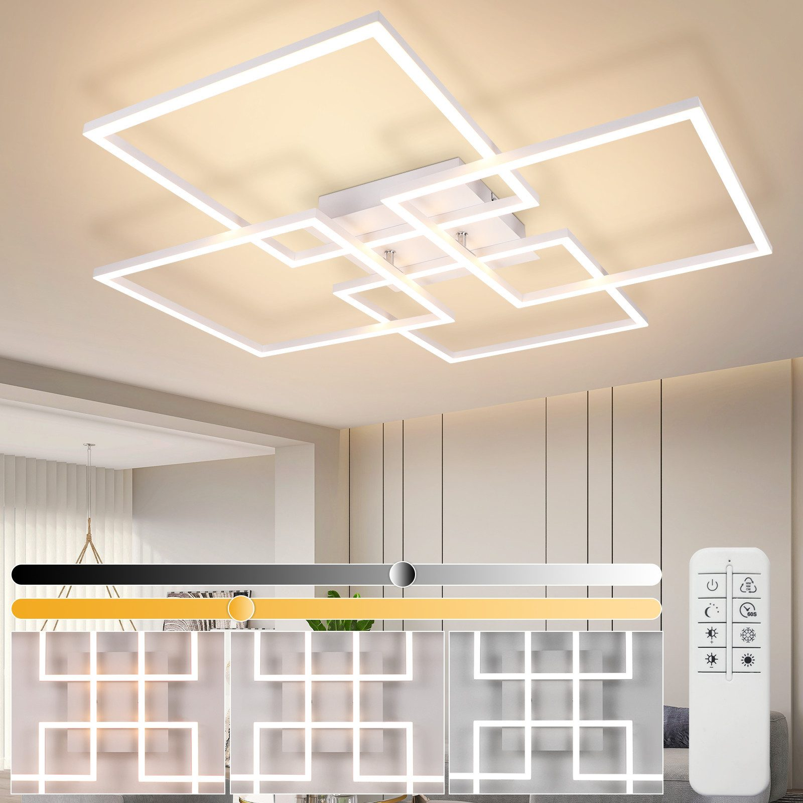 Lampada da soffitto bianca con quattro telai quadrati e telecomando. Mostra opzioni di temperatura colore e livelli di luminosità.