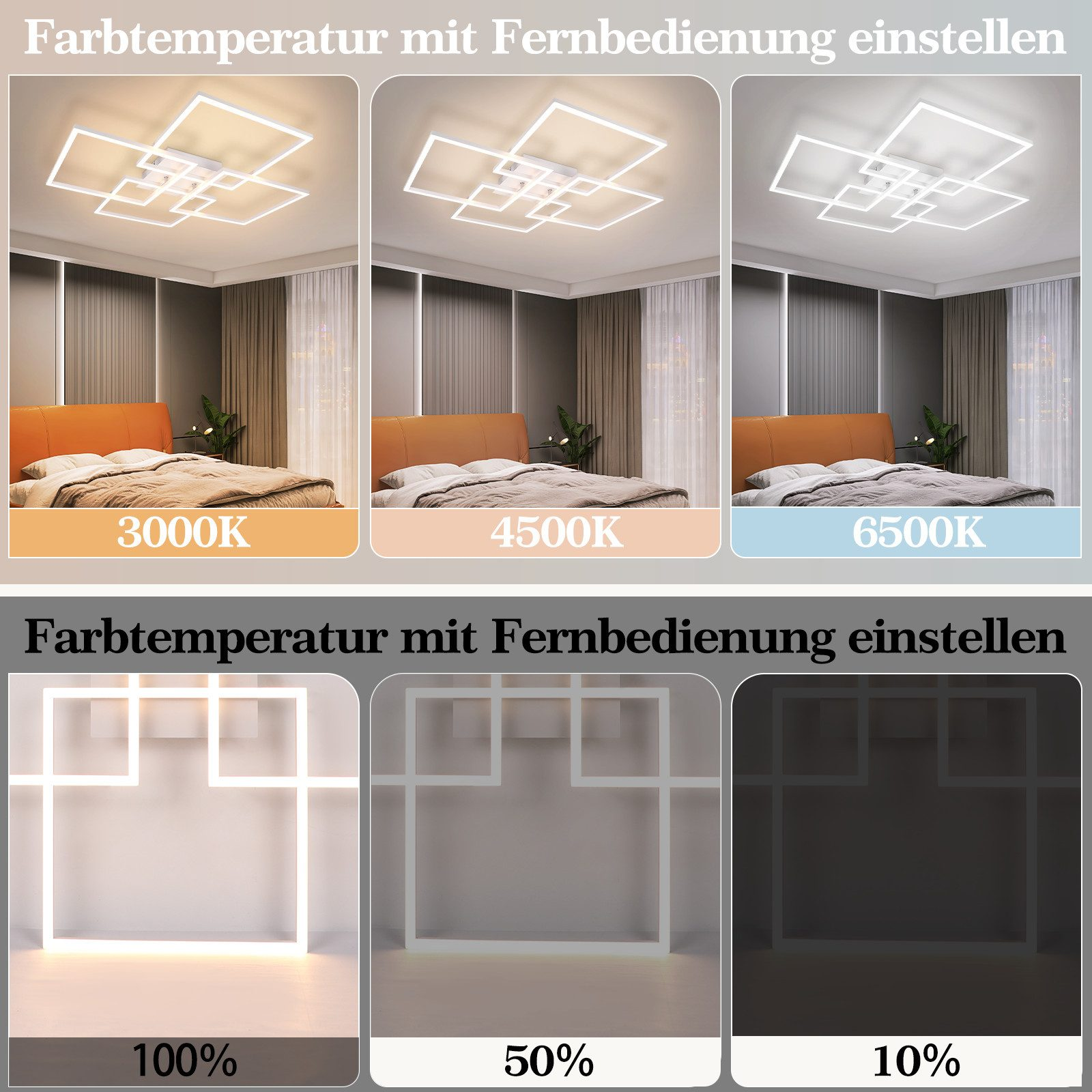Tre immagini di una lampada da soffitto con diverse temperature colore: 3000K, 4500K e 6500K. Anche diverse luminosità.