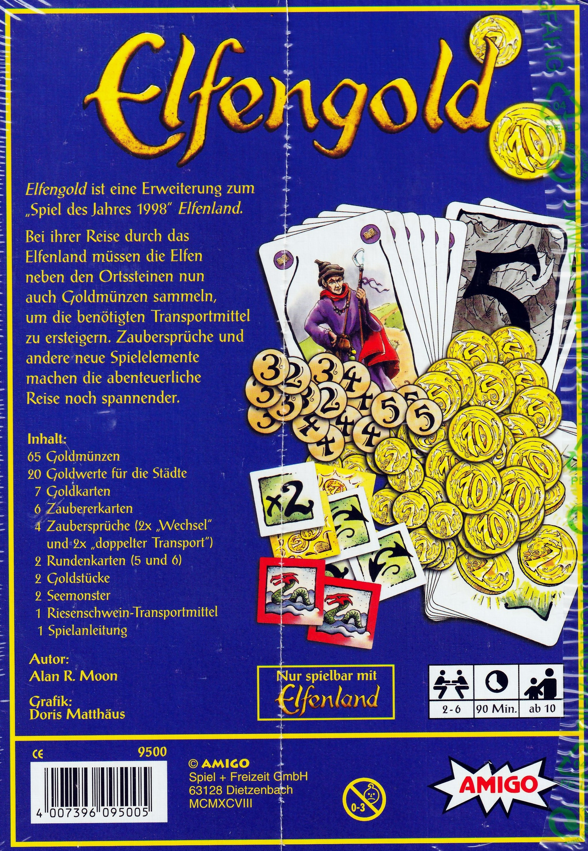 Rückseite einer Brettspielschachtel. Titel ist Elfengold. Zeigt Spielkomponenten und Text über das Spiel.