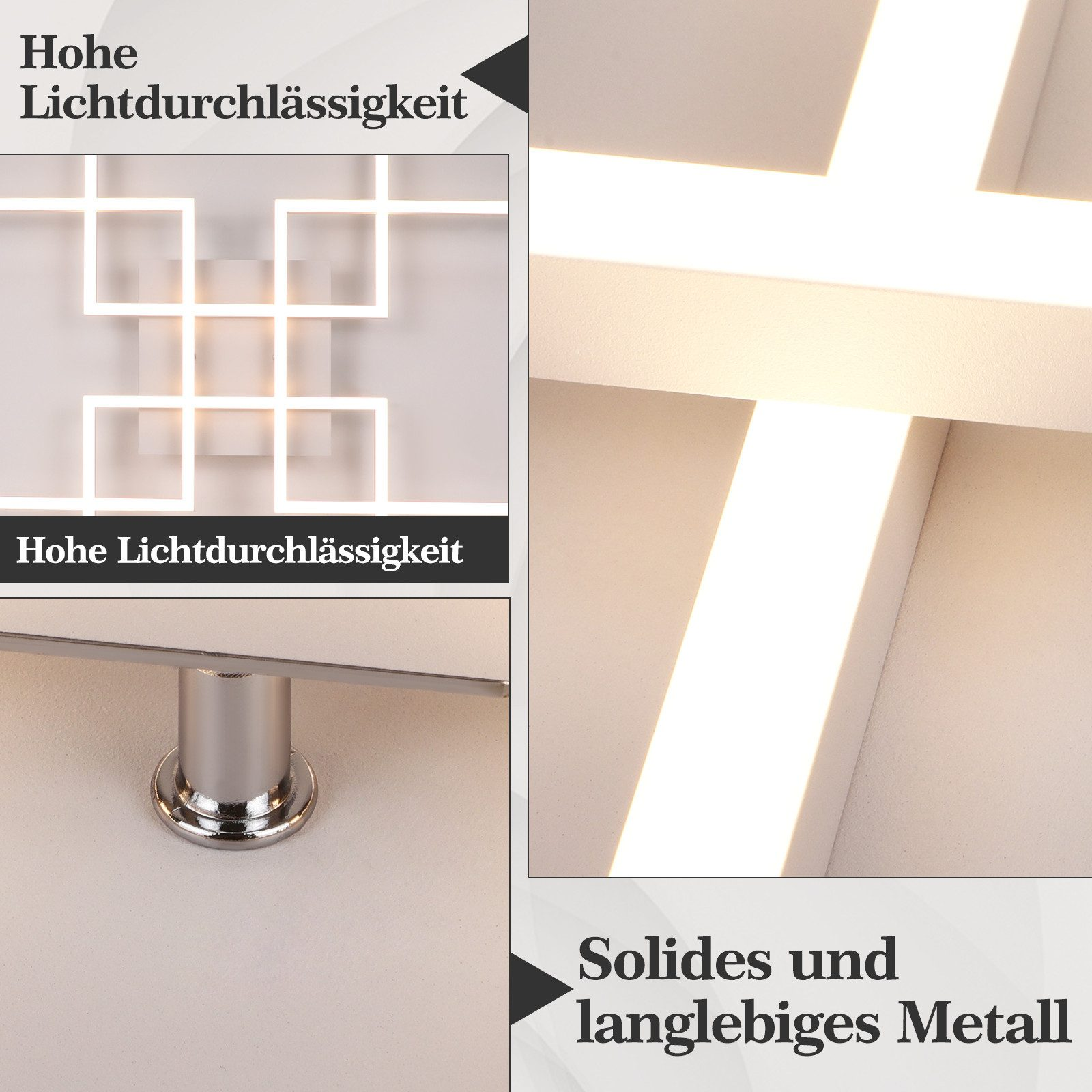 Zbliżenie białej lampy sufitowej, pokazujące szczegóły konstrukcji oświetleniowej.