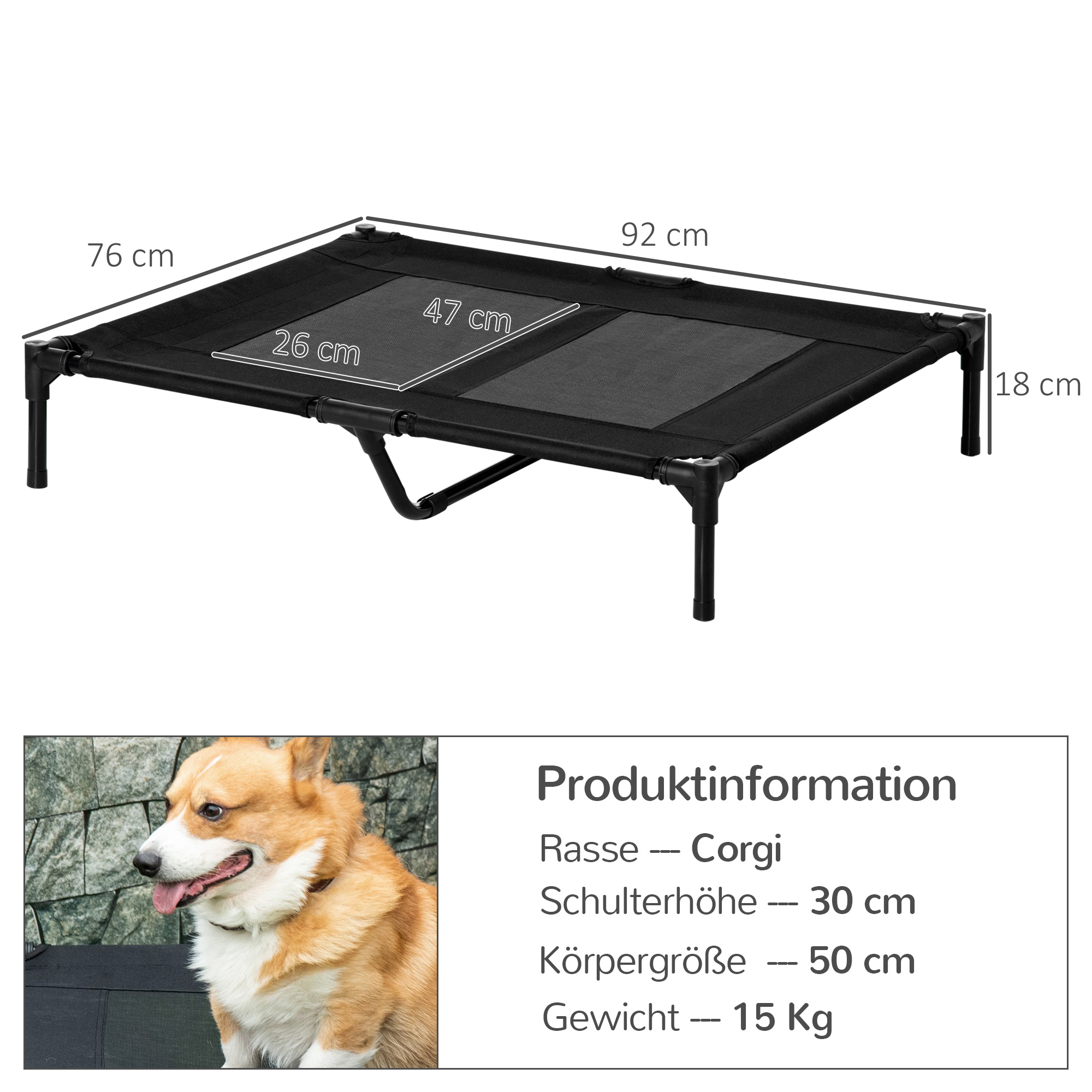 Schwarzes Hundebett mit Maßen. Ein Corgi-Hund neben dem Bett. Informationen umfassen Rasse, Größe, Gewicht.