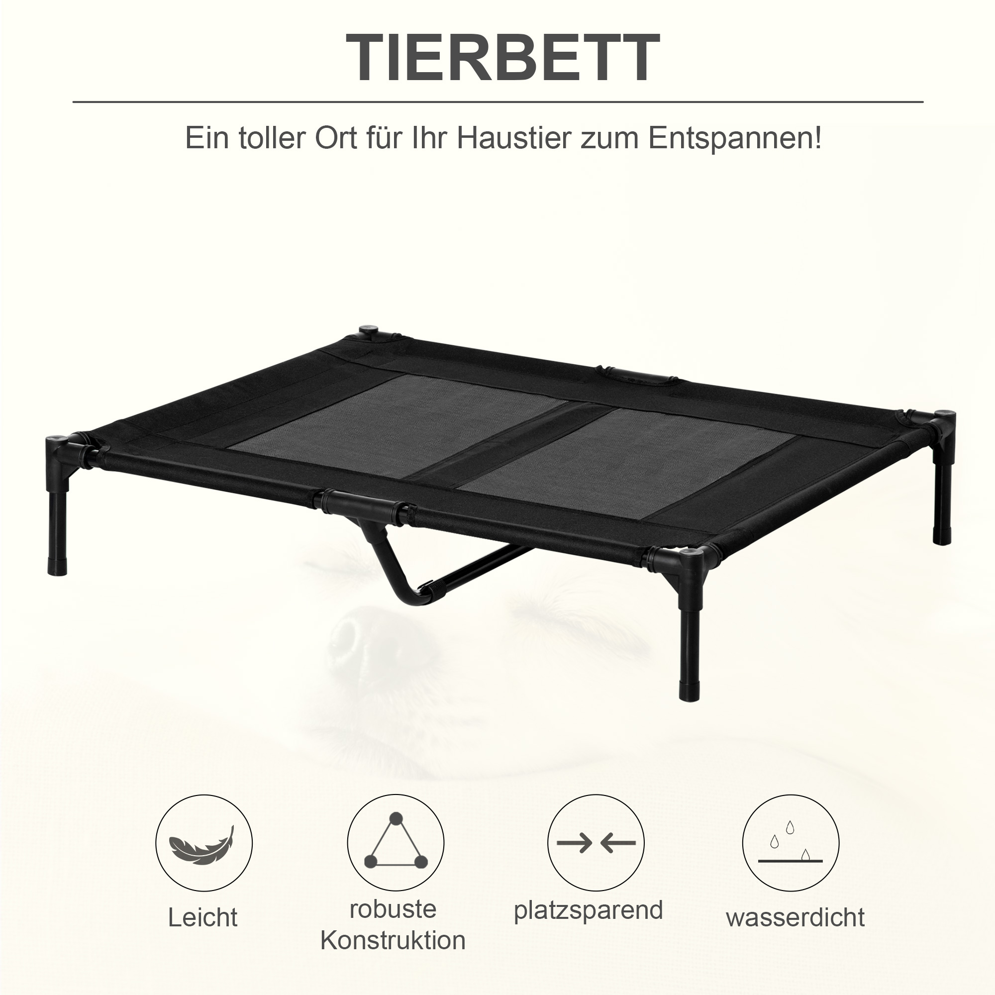 Schwarzes Hundebett auf weißem Hintergrund. Es hat Symbole für leicht, robust, platzsparend und wasserdicht.