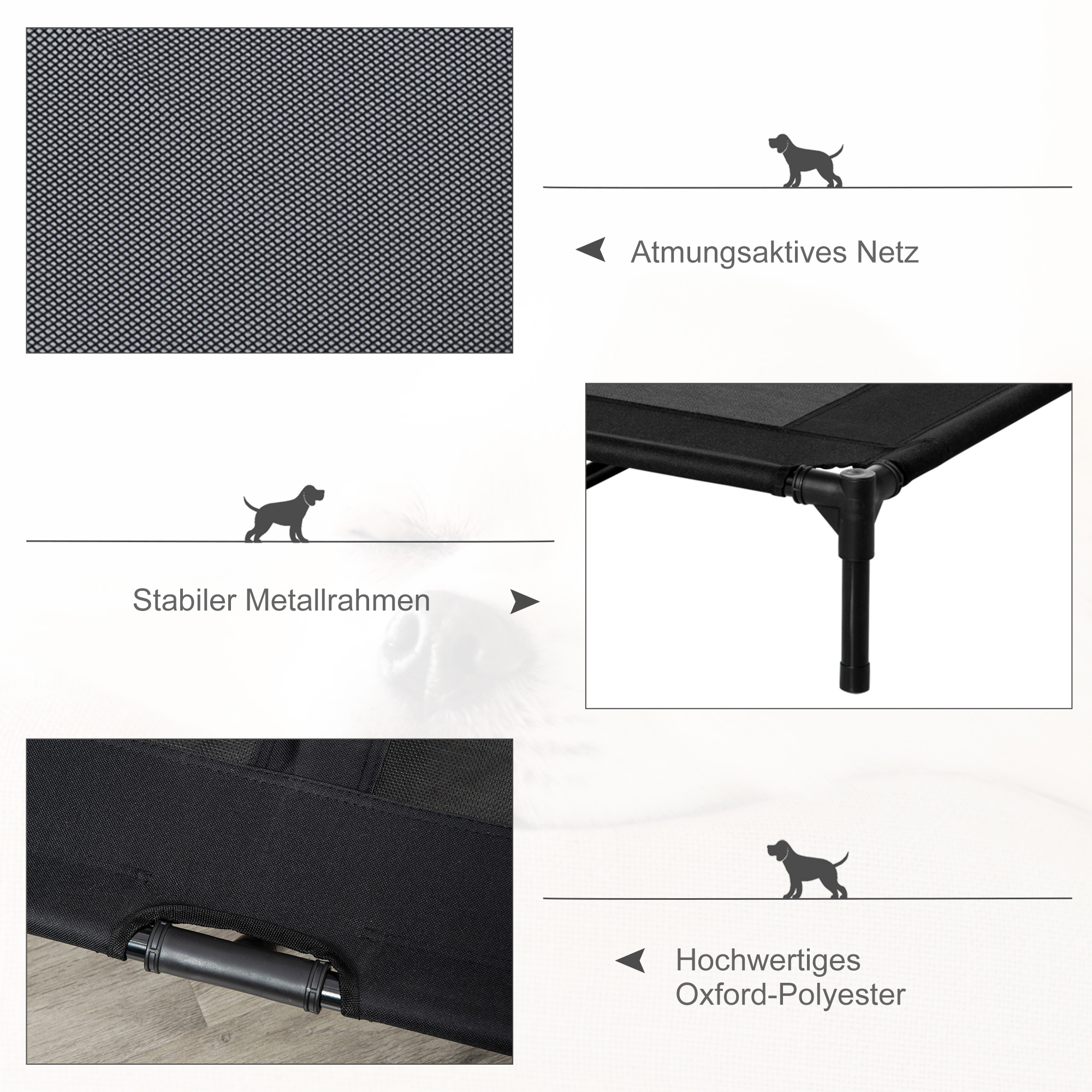 Nahaufnahme eines Hundebetts, das Netz, Metallrahmen und Oxford-Polyester-Details zeigt.