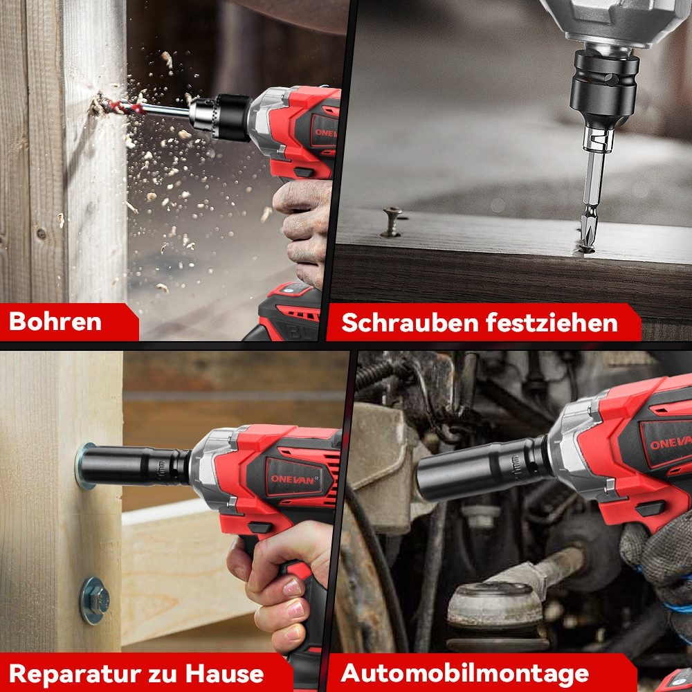 Collage de una herramienta eléctrica roja y negra que se utiliza para taladrar, atornillar y reparar.