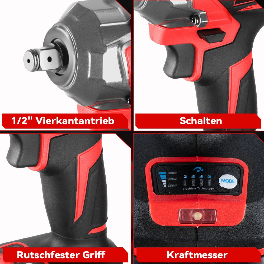 Nahaufnahme eines schwarzen und roten Elektrowerkzeugs, das verschiedene Teile und Funktionen zeigt.