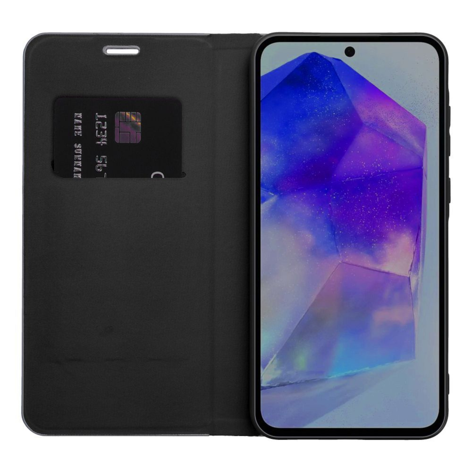 Eine schwarze Handyhülle mit einer Kreditkarte in einem Schlitz. Das Telefon zeigt ein farbenfrohes geometrisches Muster.