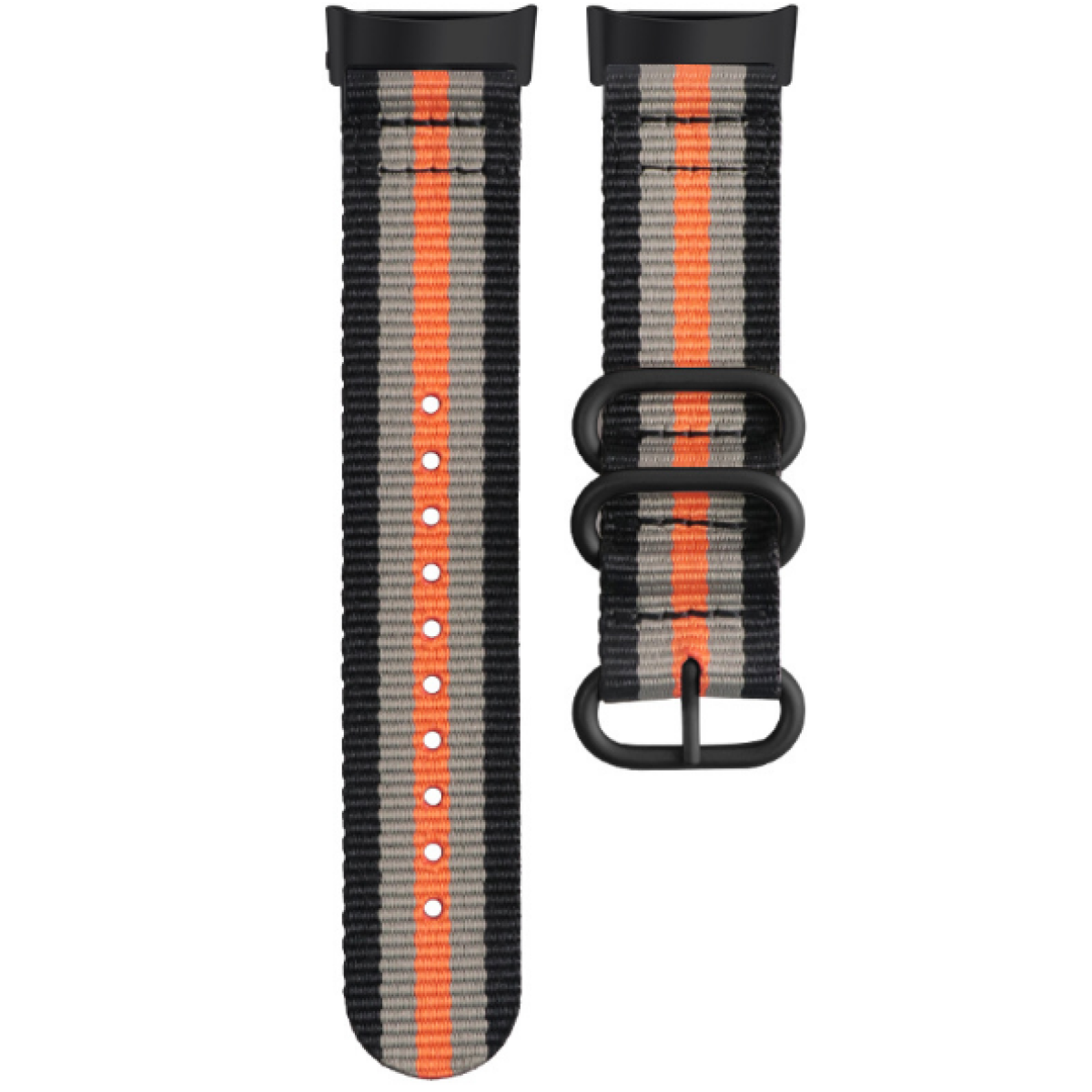 Schwarzes Uhrenarmband mit orangefarbenen und grauen Streifen, schwarze Hardware.