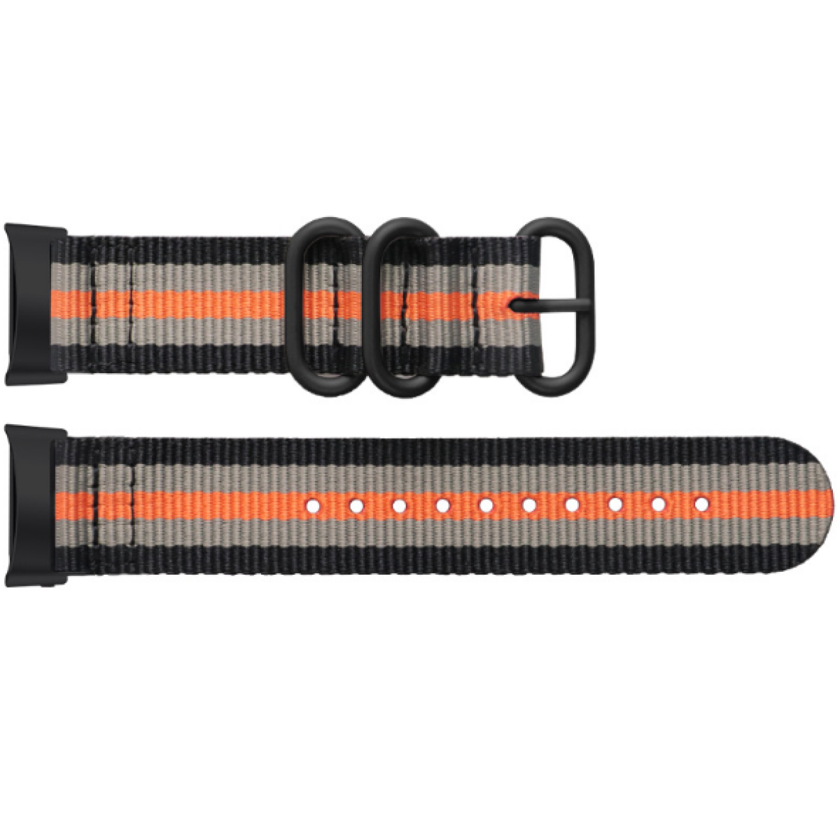 Schwarzes Uhrenarmband mit orangefarbenen und grauen Streifen, schwarze Hardware.