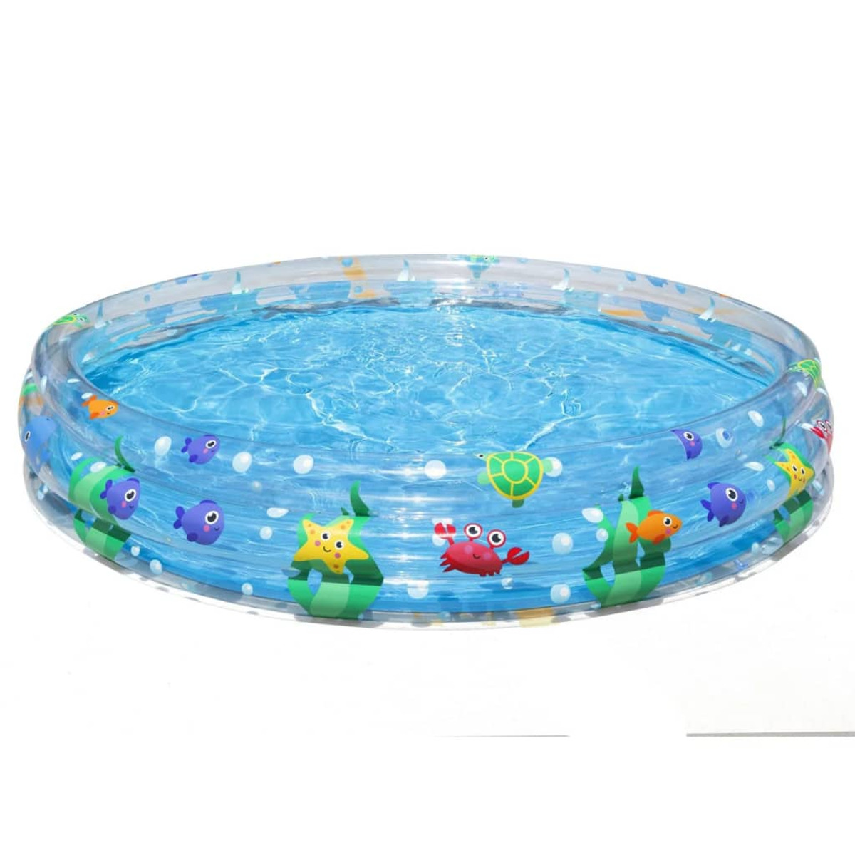 Piscina gonfiabile rotonda blu con disegni di creature marine. Acqua blu chiara all'interno su bianco.