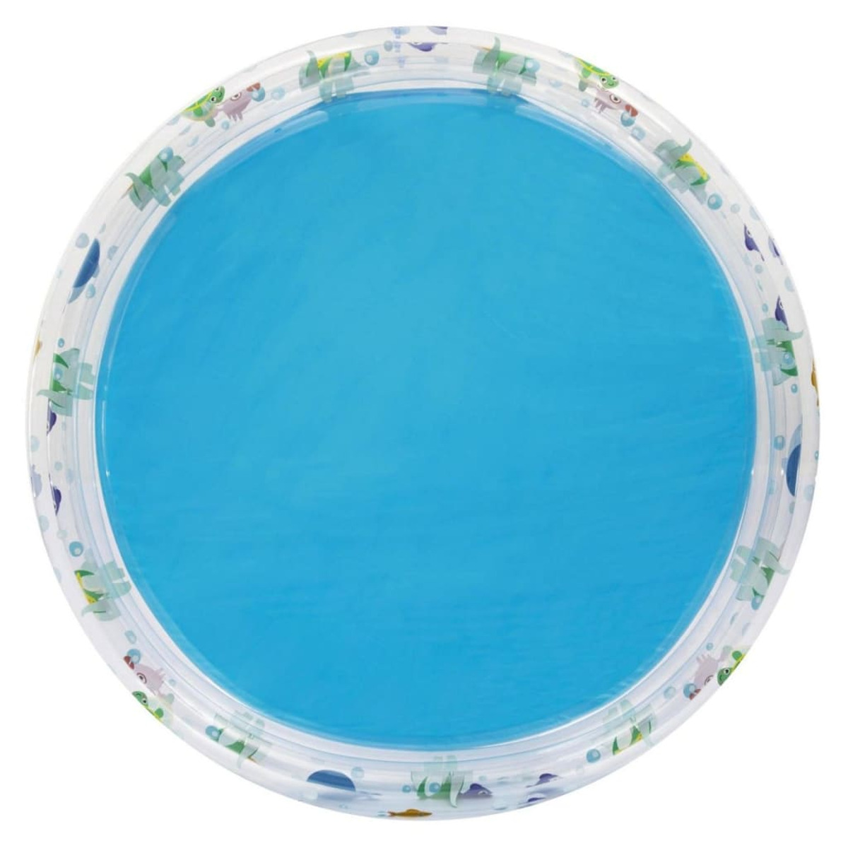 Piscina gonfiabile blu piena d'acqua blu, decorata con pesci e bolle dei cartoni animati.