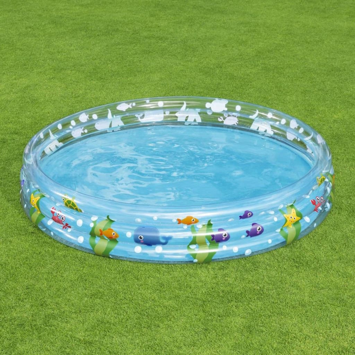 Aufblasbarer Pool mit blauem Wasser und Fischdekorationen, auf grünem Gras.