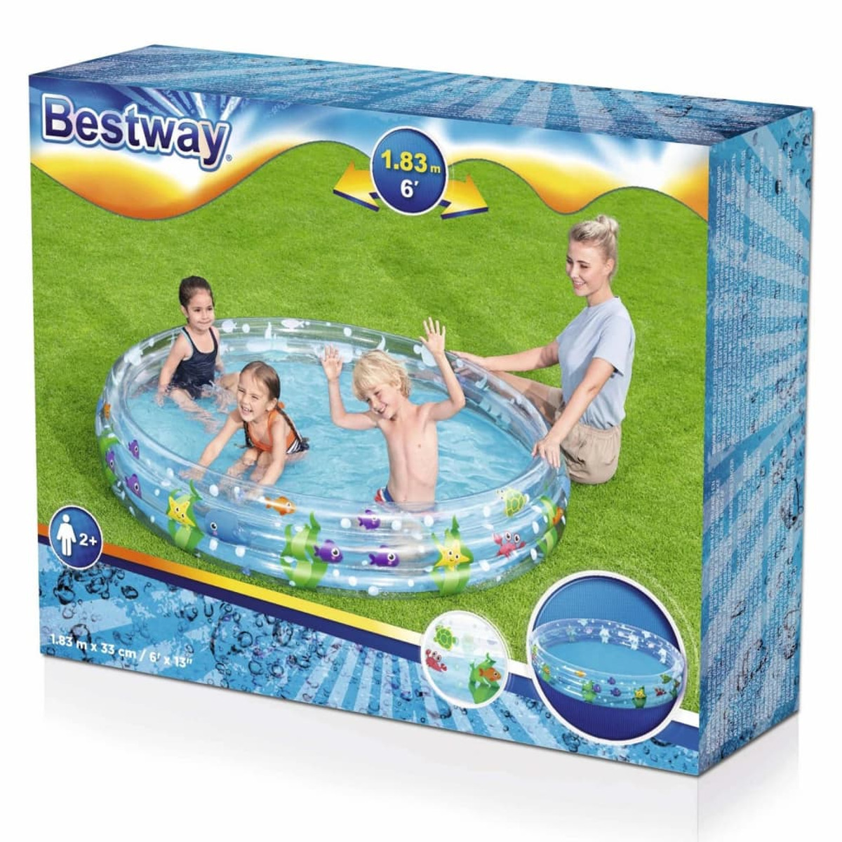 Eine Box mit einem Poolbild und drei Kindern darin. Eine Frau ist an der Seite.