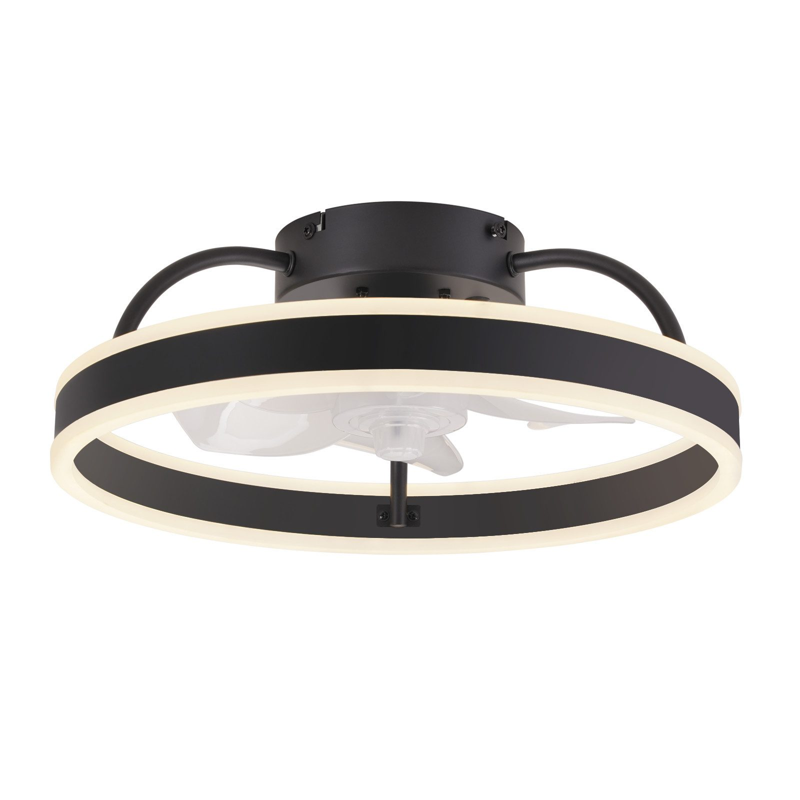 Ventilatore da soffitto nero con anello luminoso bianco. Sfondo: Soffitto bianco.
