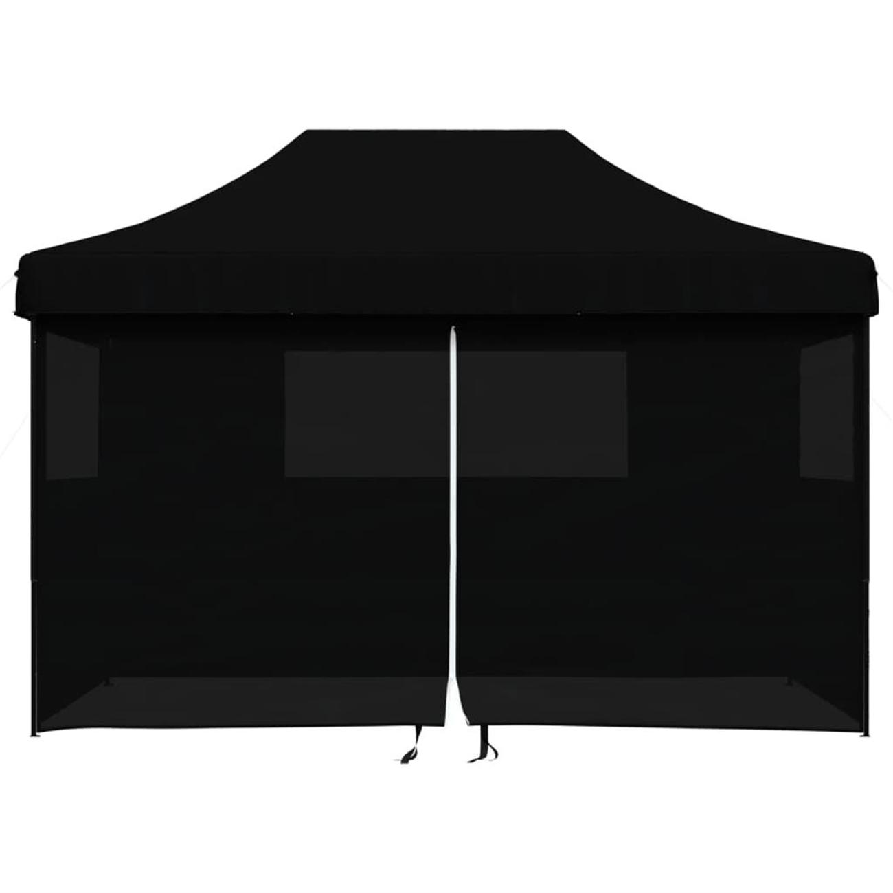 Ein schwarzes Pop-up-Zelt mit zwei Fenstern und einem weißen Reißverschluss.