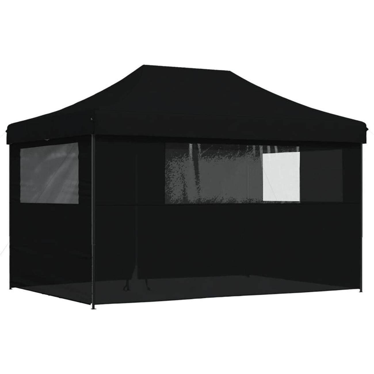 Schwarzes Pop-up-Zelt mit transparenten Fenstern. Von vorne betrachtet hat das Zelt eine quadratische Form.