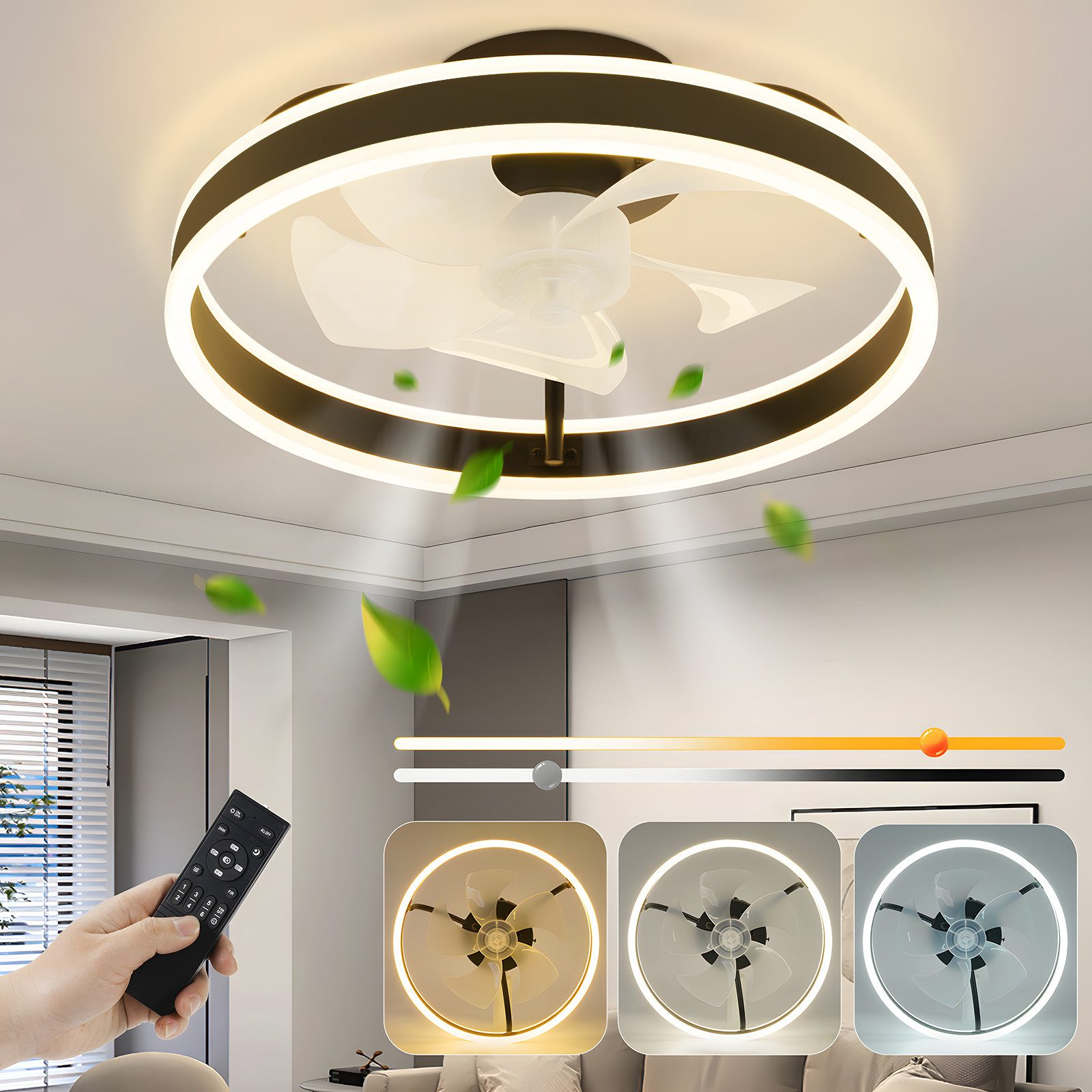 Ventilatore da soffitto con luci, telecomando e opzioni colore. Sfondo: Soffitto e luci.