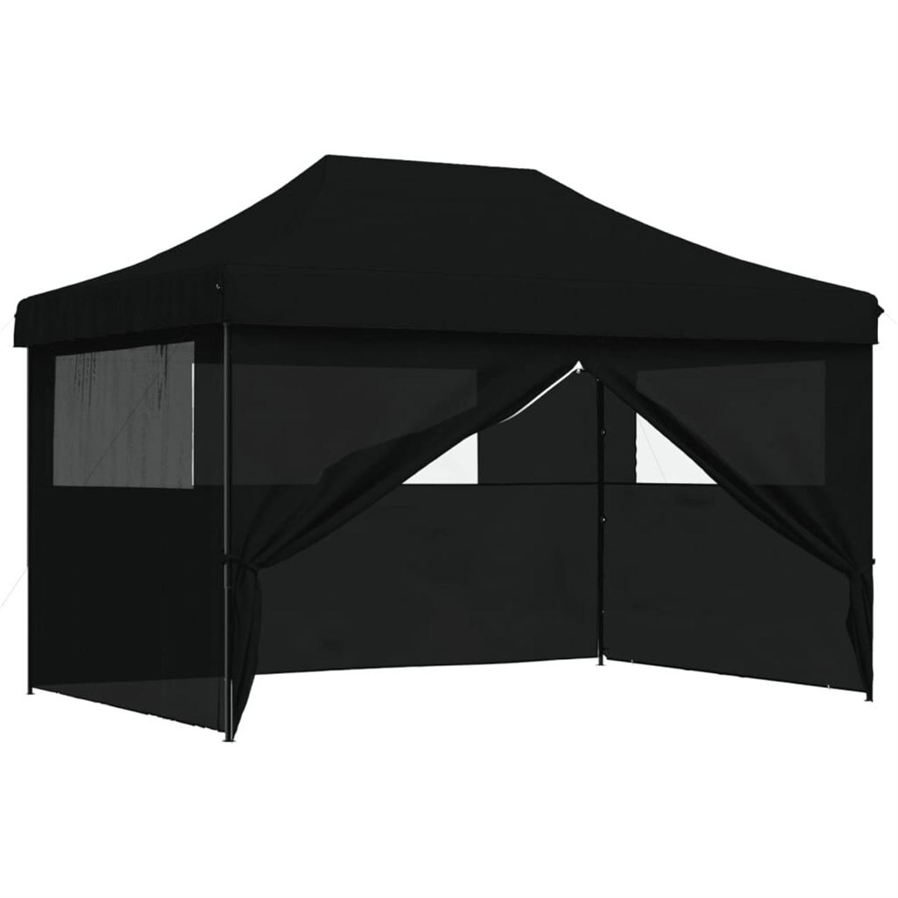 Schwarzes Pop-up-Sonnensegelzelt mit Fenstern. Hintergrund: Weiße Oberfläche.
