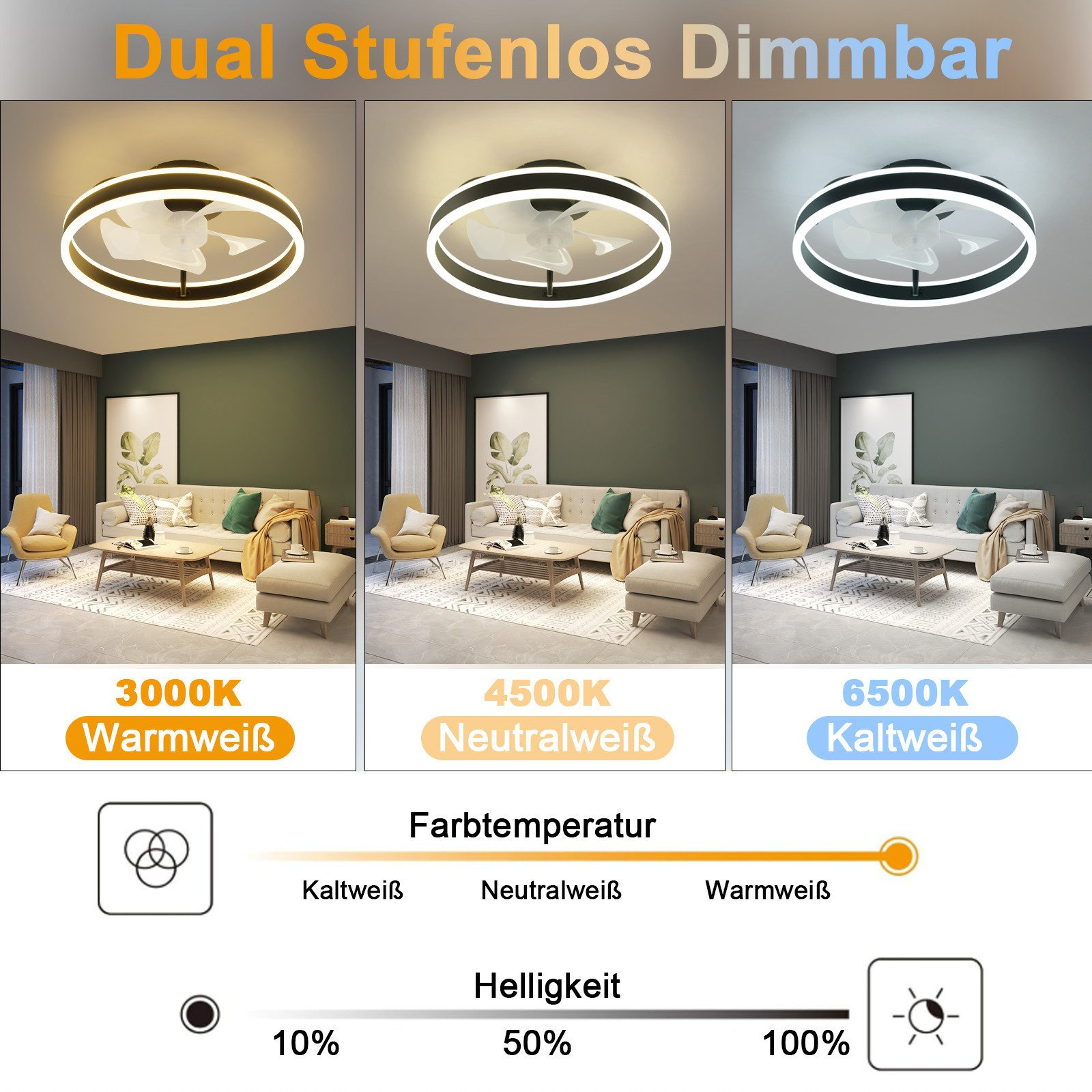Tre ventilatori a soffitto con diverse opzioni di illuminazione: bianco caldo, neutro, freddo.