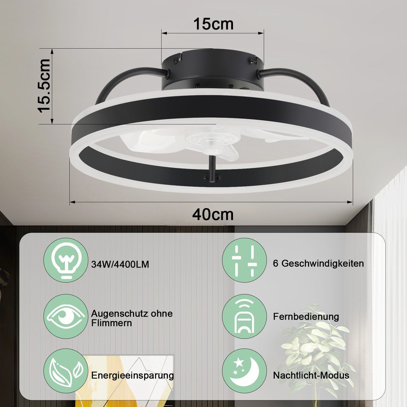 Ventilatore da soffitto con luce, design bianco e nero, con misure e icone delle funzioni.