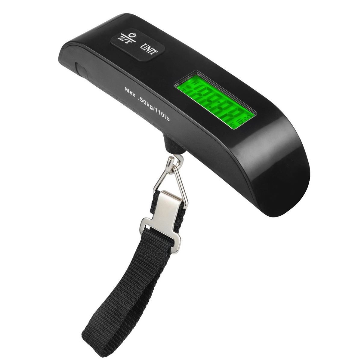 Schwarze Gepäckwaage mit digitaler Anzeige, Metallhaken und schwarzem Gurt.