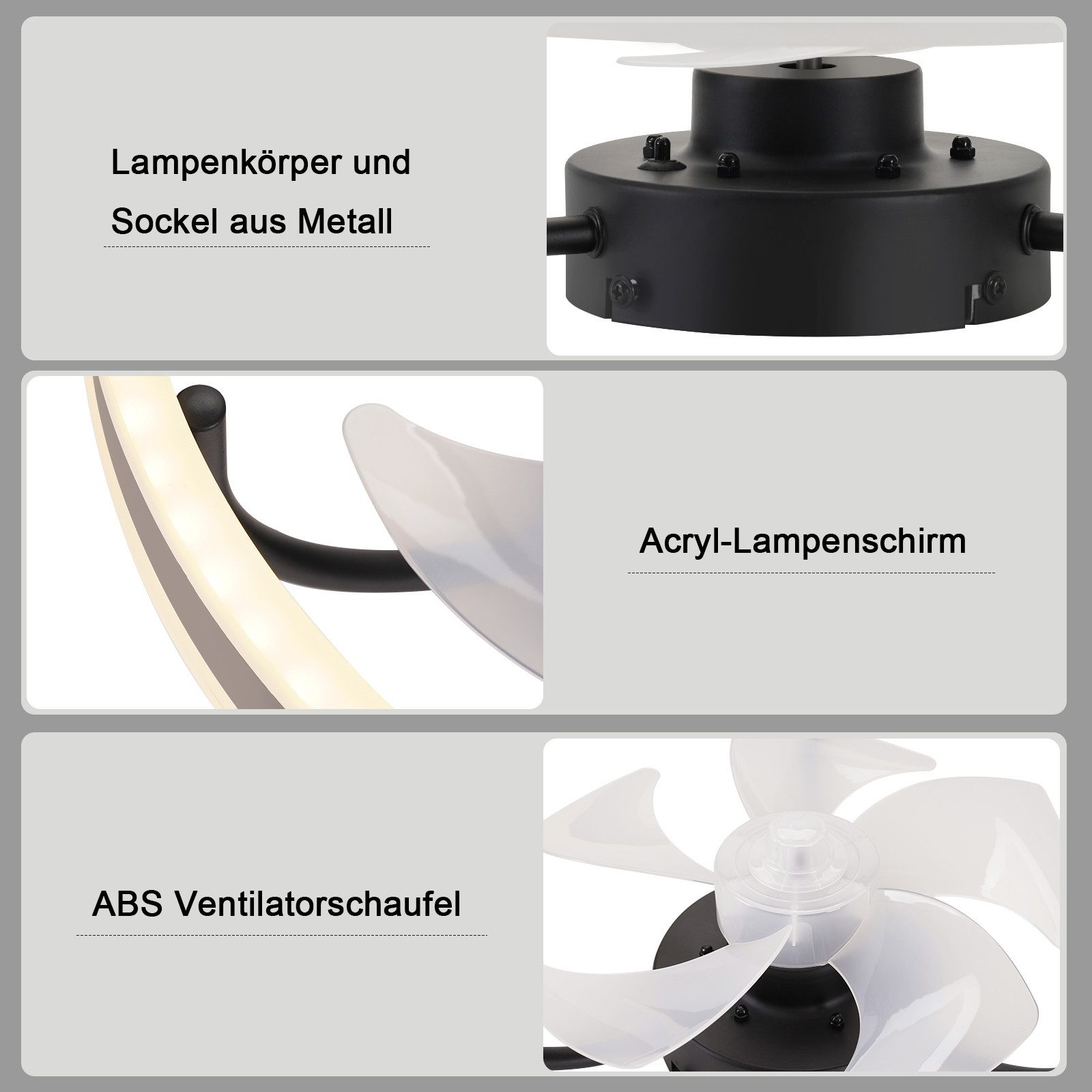 Parti dettagliate di un ventilatore a soffitto: corpo lampada, paralume in acrilico e pale ABS.
