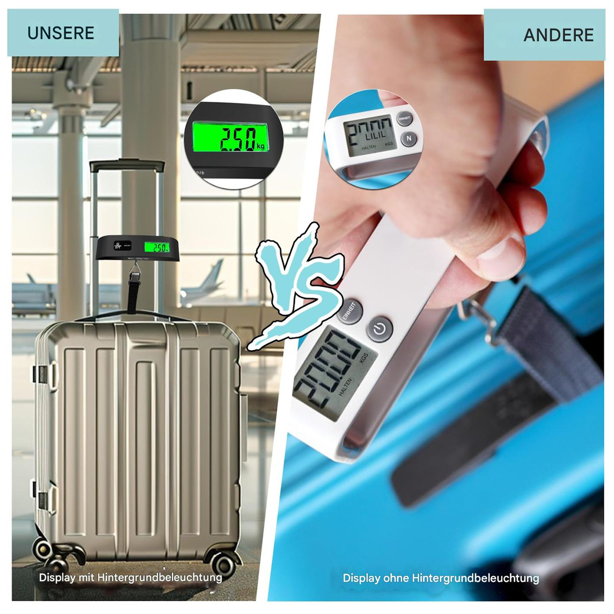 Vergleich der Gepäckwaage; eine mit beleuchtetem Display, eine ohne. Waagen zeigen 2,50 kg und 20,00 kg.