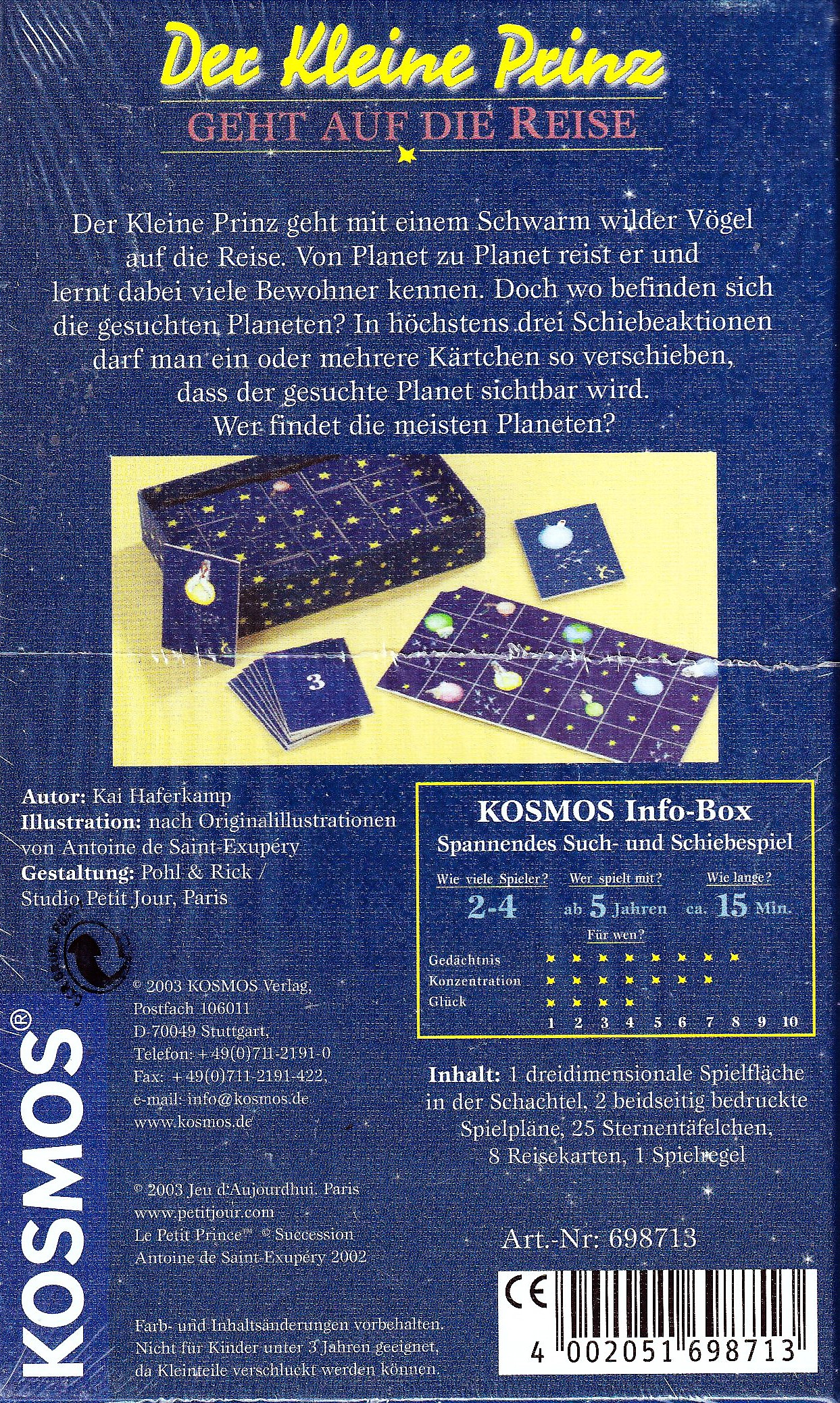 Rückseite einer Brettspielbox mit Text und Bildern, mit dem Titel auf Deutsch.
