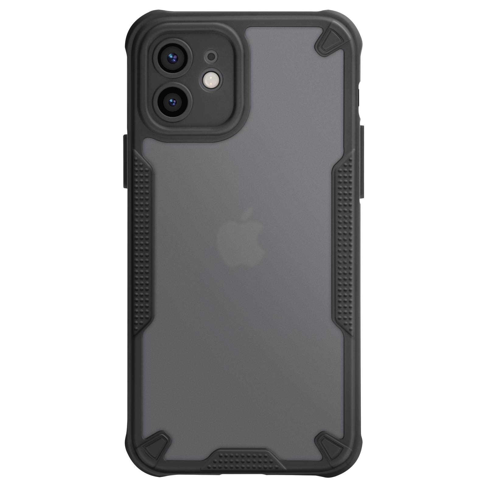 Custodia nera per telefono con lenti della fotocamera e retro trasparente con logo Apple. Su sfondo bianco.
