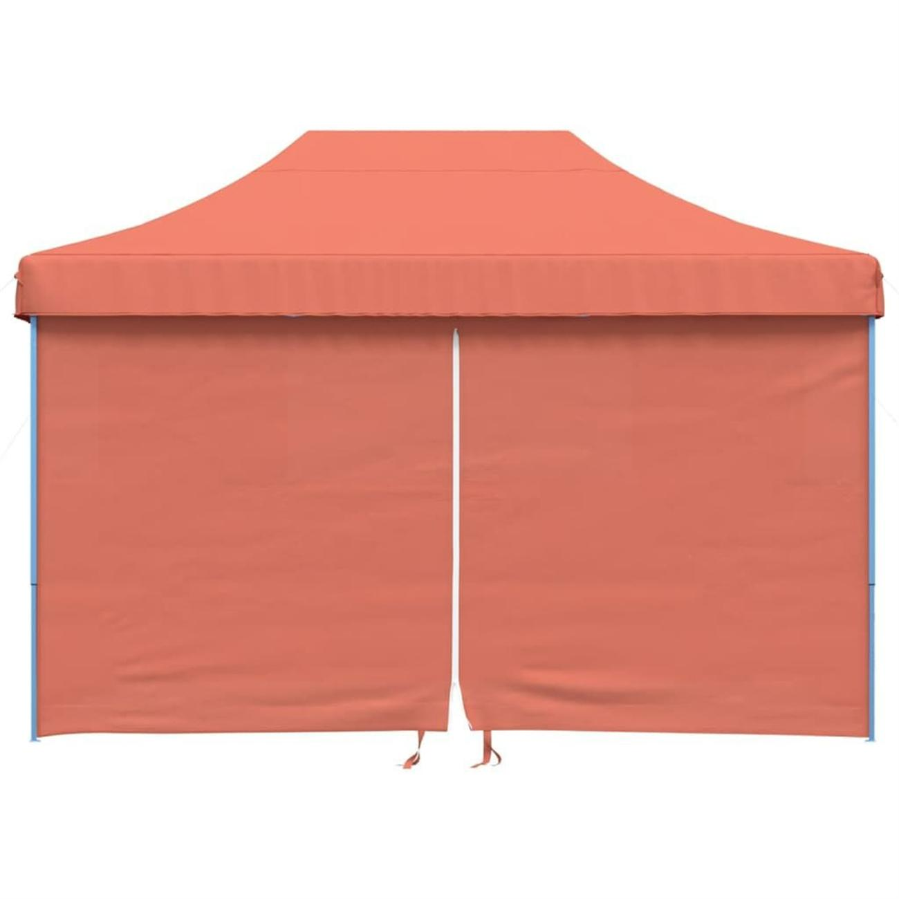 Ein orangefarbenes Zelt mit zwei Türen auf weißem Hintergrund. Das Zelt hat eine rechteckige Form.