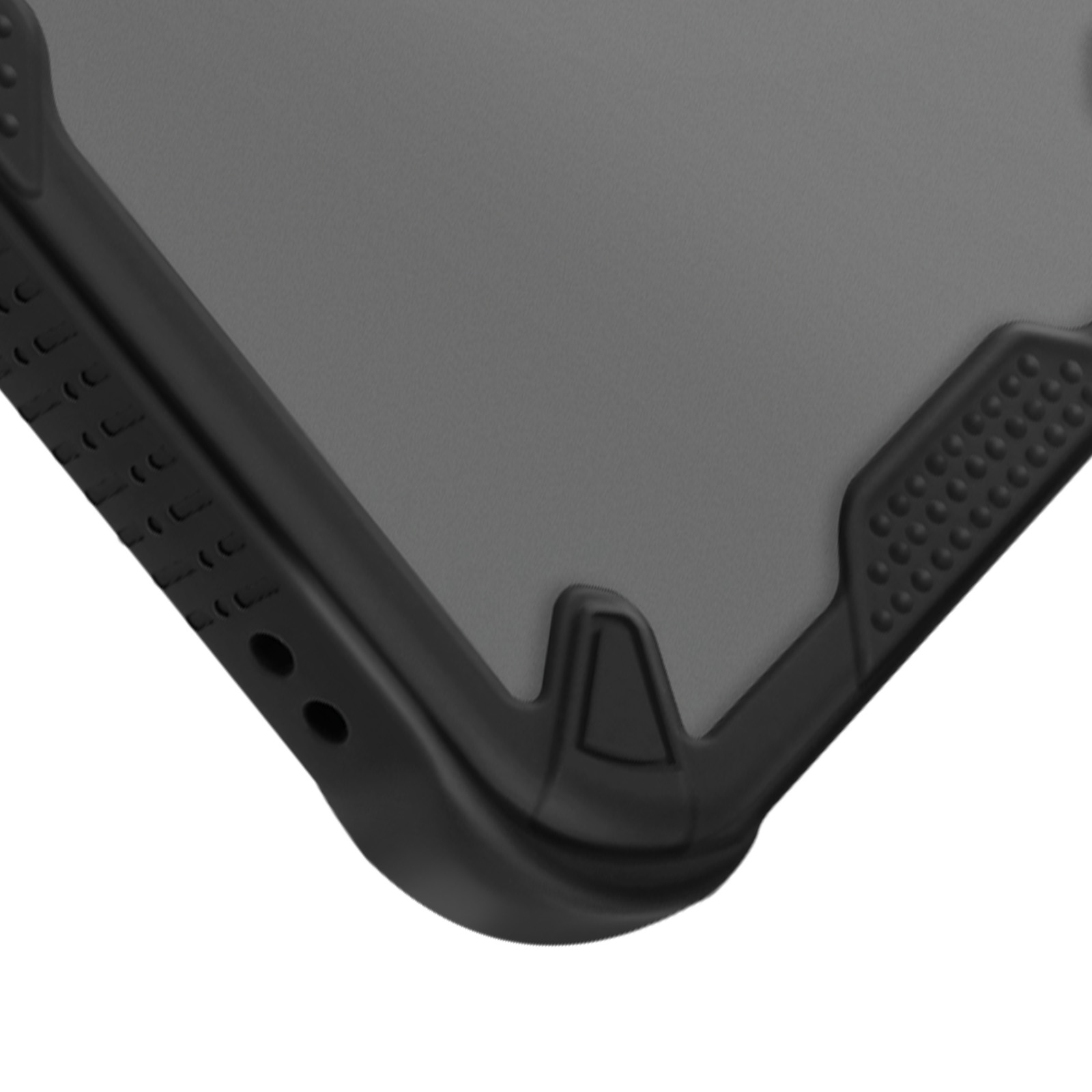 Primo piano di un angolo di una custodia nera per telefono, che mostra il design protettivo sul retro grigio del telefono.