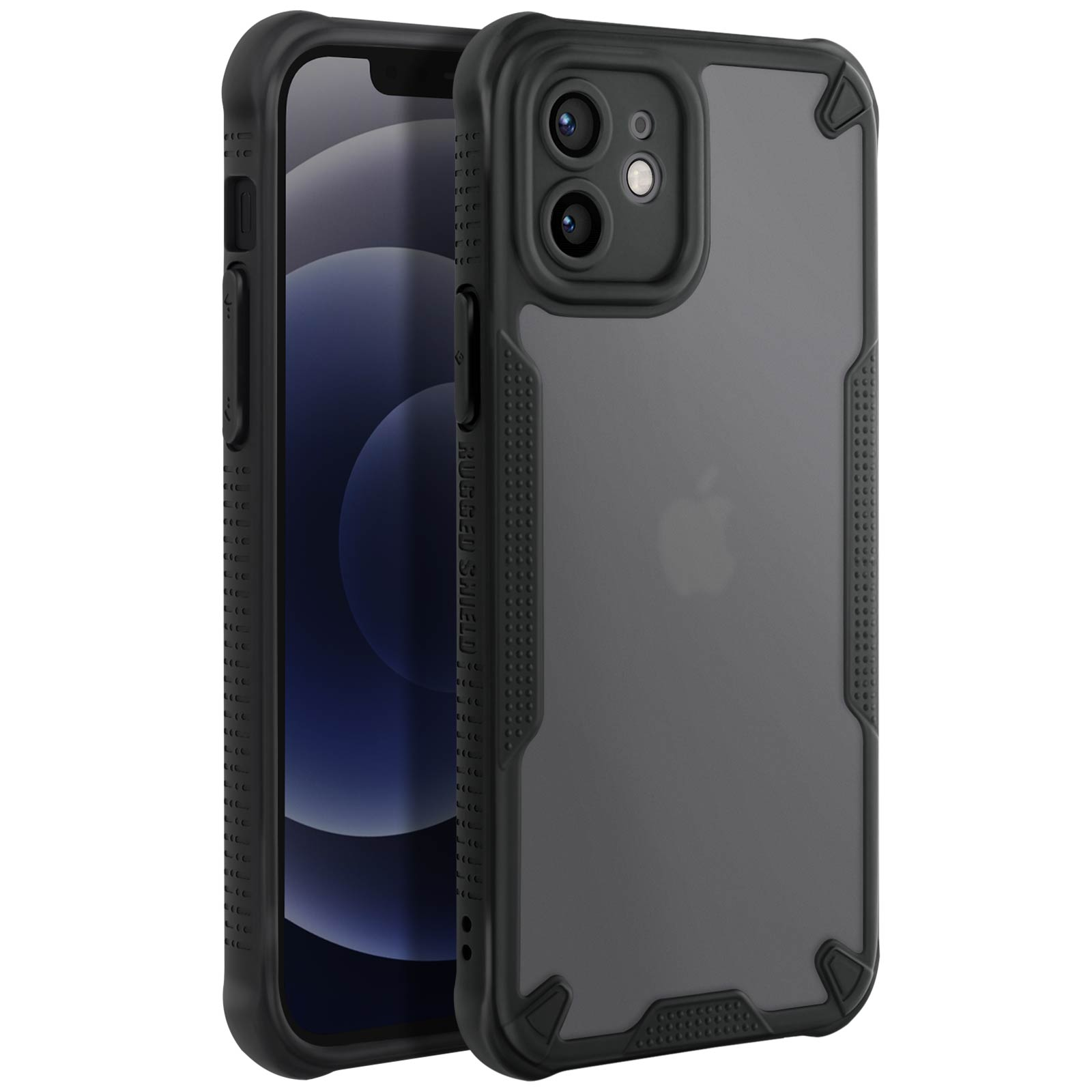 Custodia nera per iPhone con retro trasparente e bordi robusti.