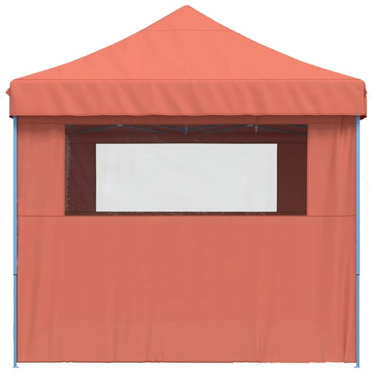 Ein rotes Pop-up-Zelt mit einem weißen rechteckigen Fenster in der Mitte.