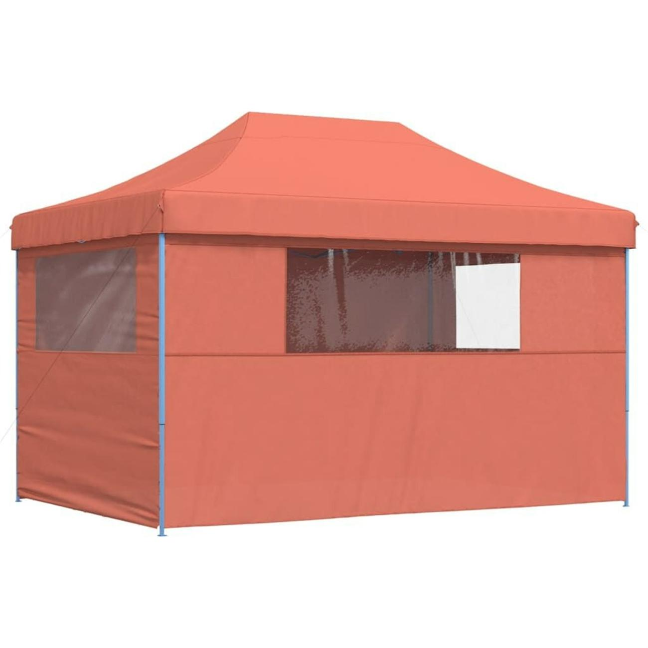 Korallfarbenes Pop-up-Zelt mit Fenstern. Der Hintergrund ist weiß.