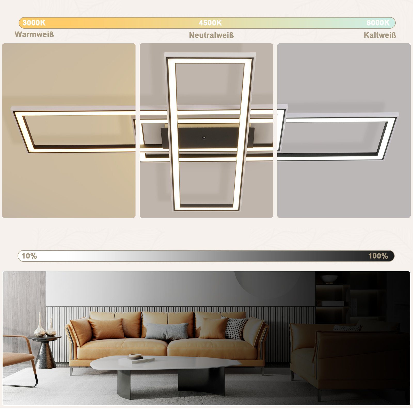 Lampada da soffitto con livelli di temperatura colore e luminosità su sfondo bianco.