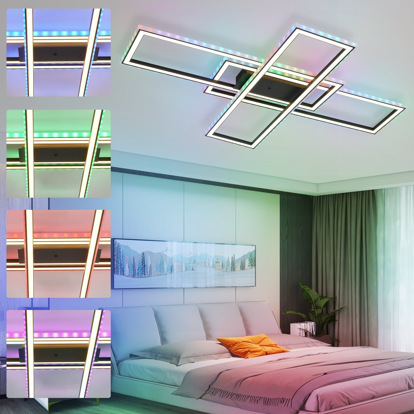 Lampada da soffitto con diversi colori. Lo sfondo è una camera da letto.