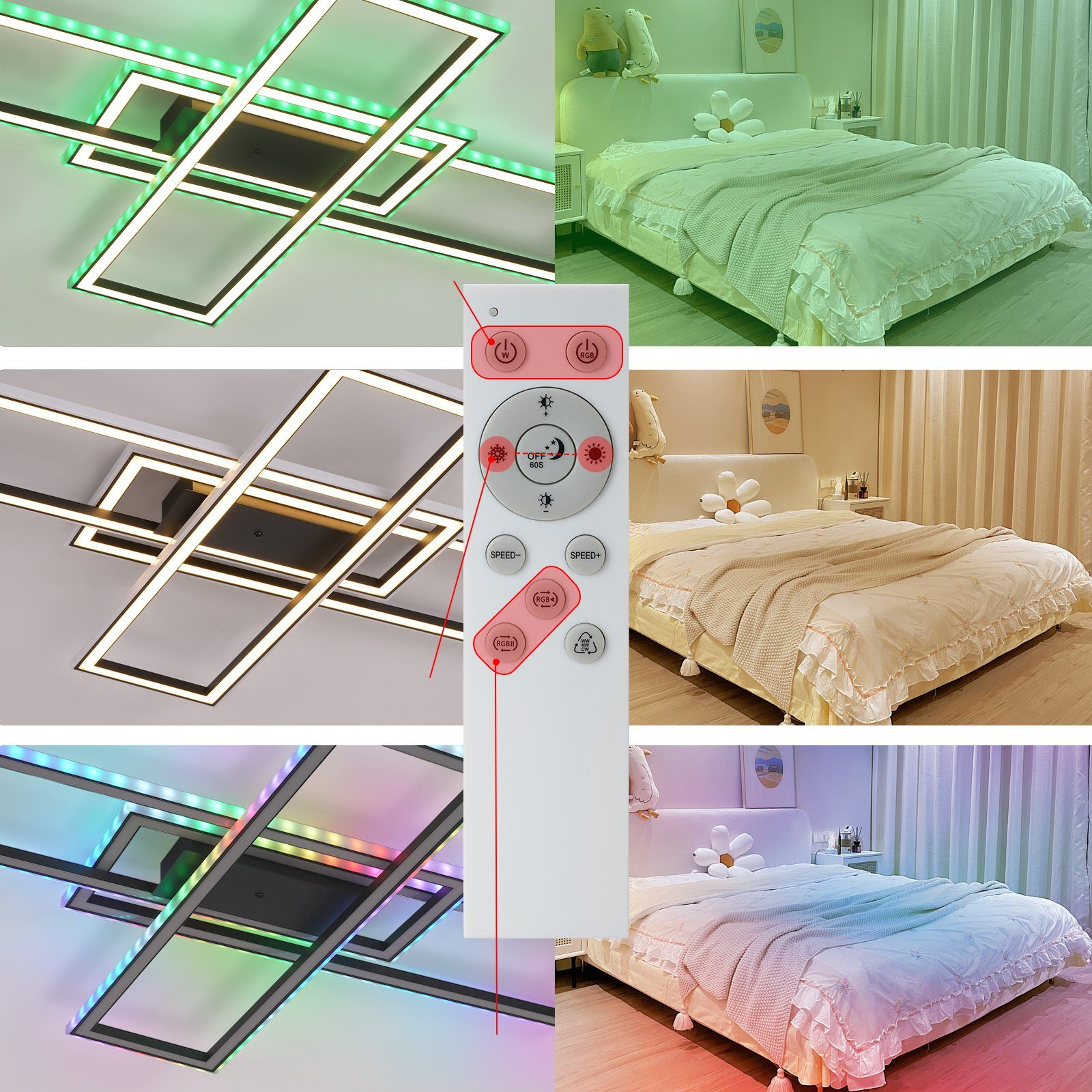 Lampada da soffitto con telecomando e diversi colori in una camera da letto.