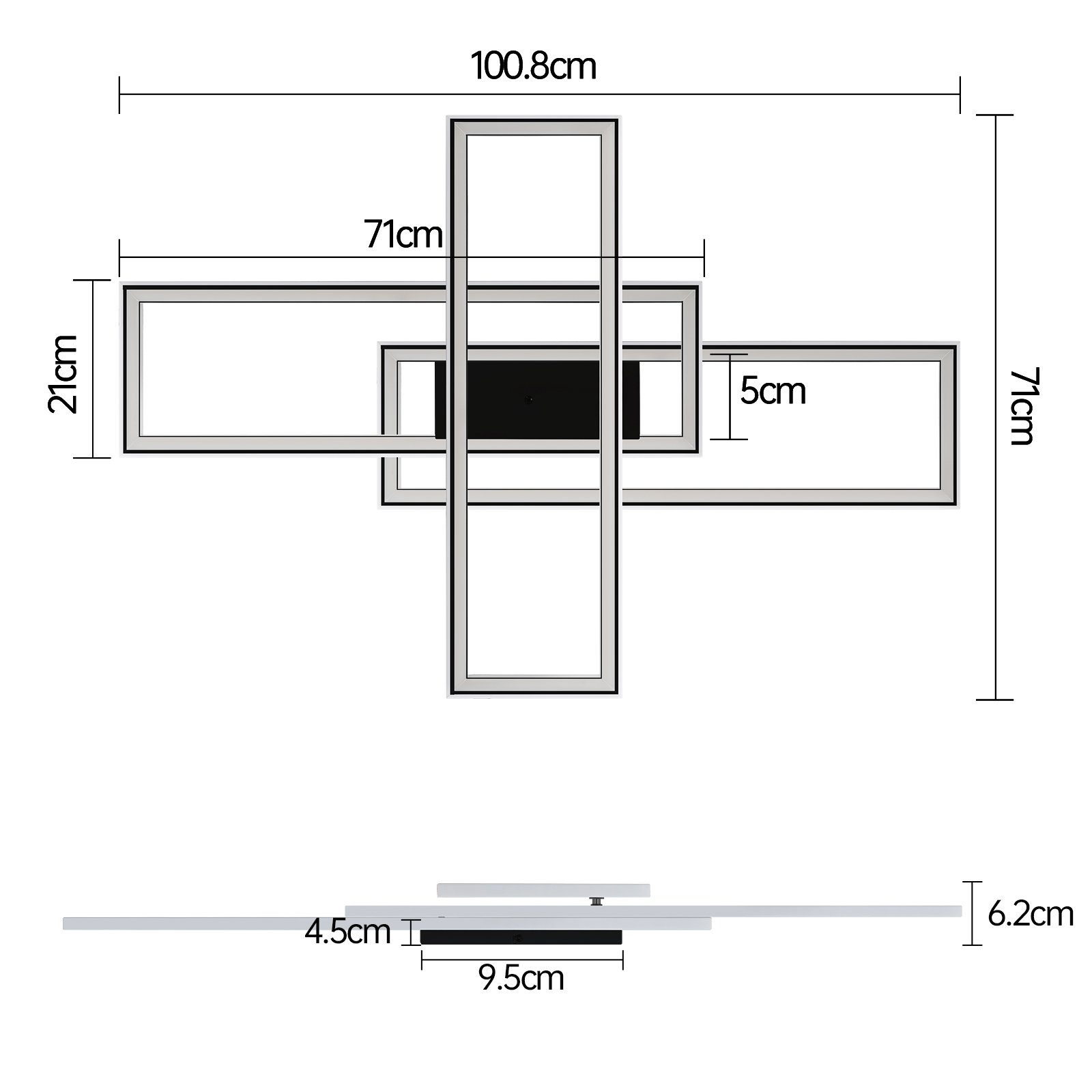 Disegno tecnico che mostra una plafoniera con dimensioni in centimetri.
