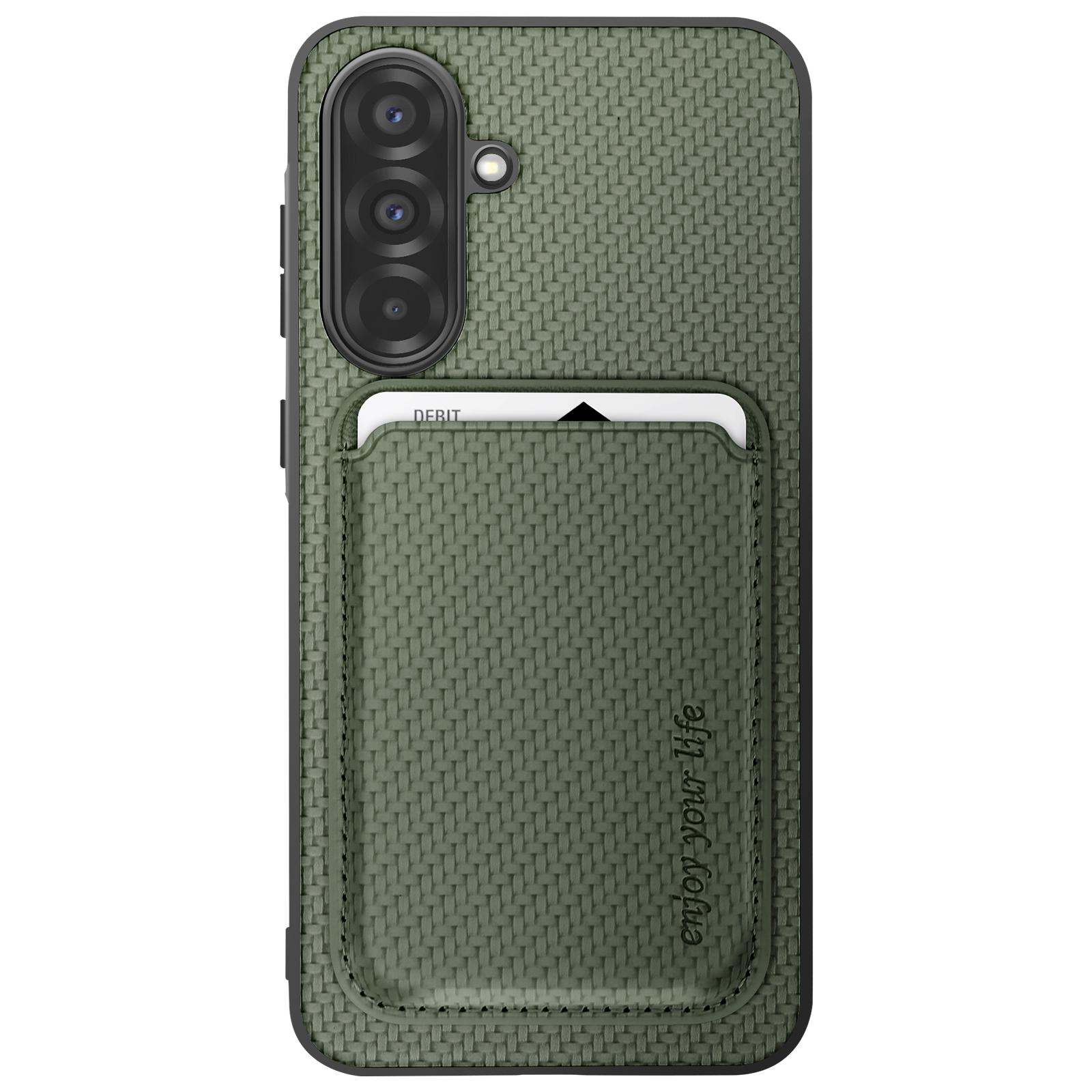 Coque de téléphone verte avec porte-cartes. Carte visible. Mot 'enjoy your life'.