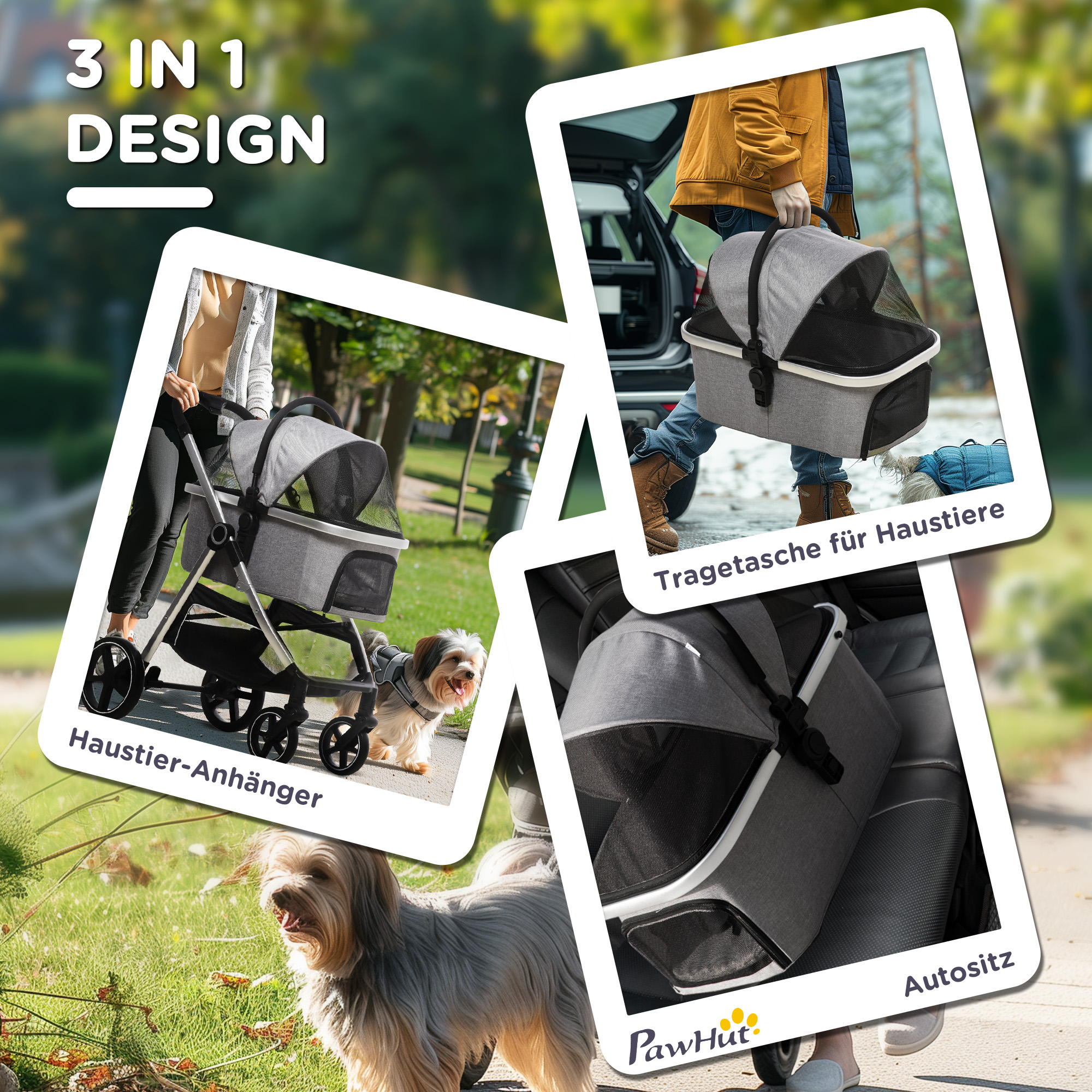 Collage eines Haustierkinderwagens in drei verschiedenen Anwendungen, mit Hund.