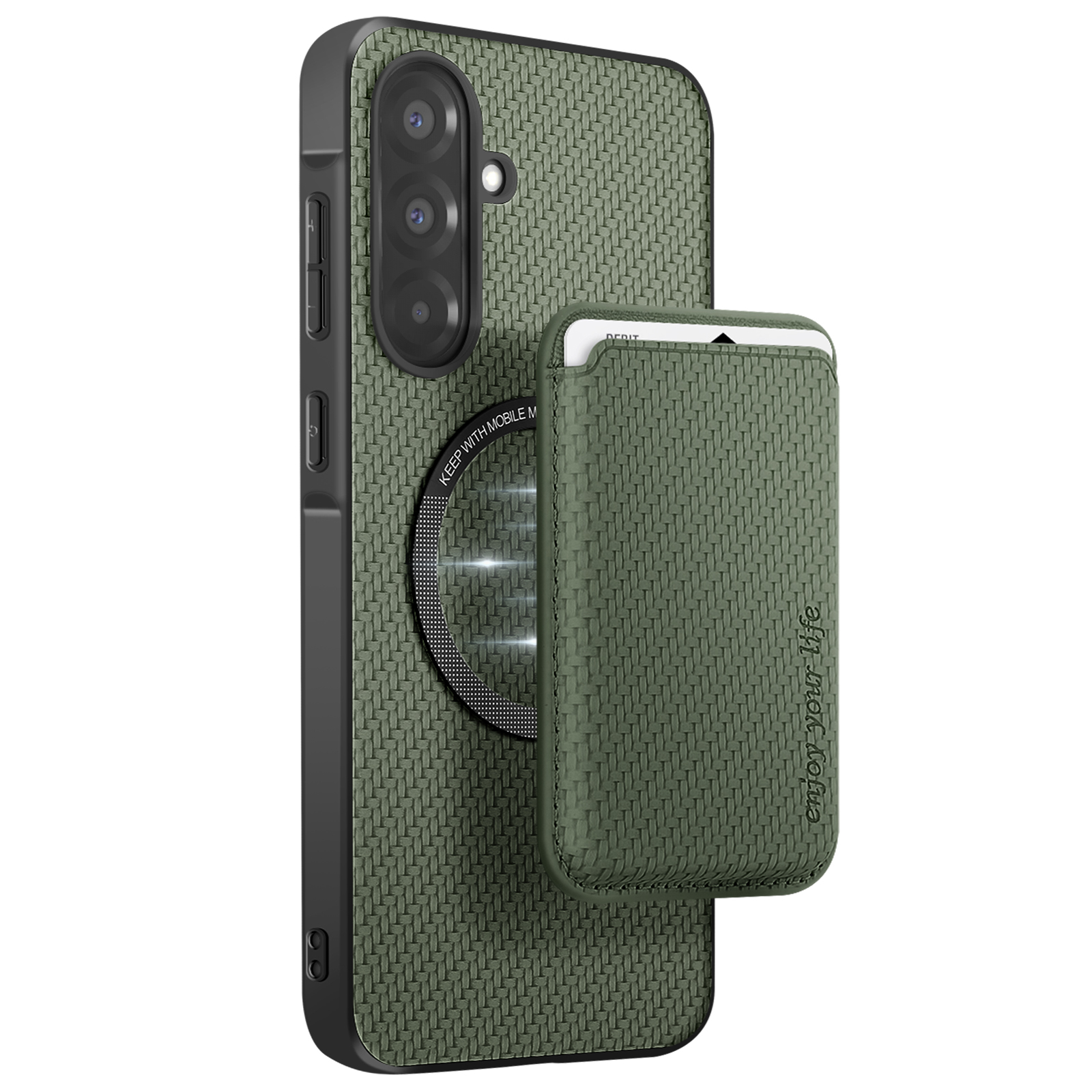 Coque de téléphone verte avec porte-cartes. Carte fixée avec anneau magnétique.