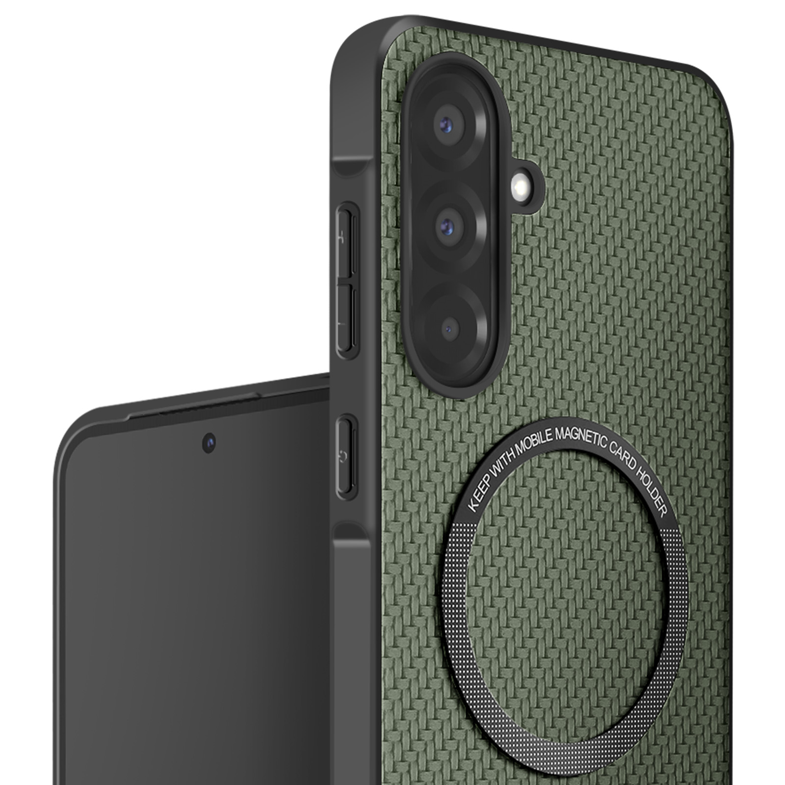 Coque de téléphone verte avec un support de carte magnétique noir.