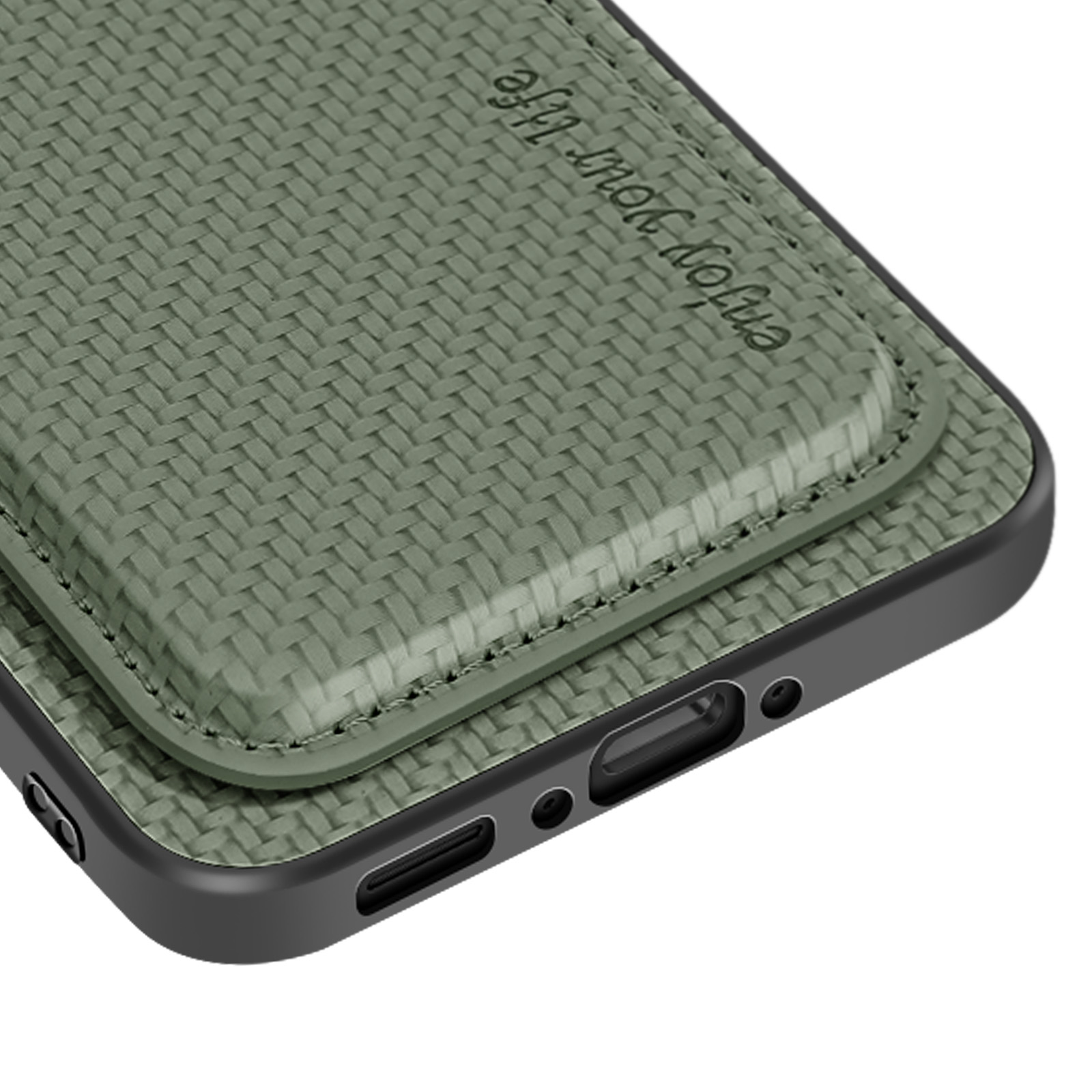 Gros plan sur une coque de téléphone verte avec un porte-cartes, avec l'inscription 'enjoy your life'.