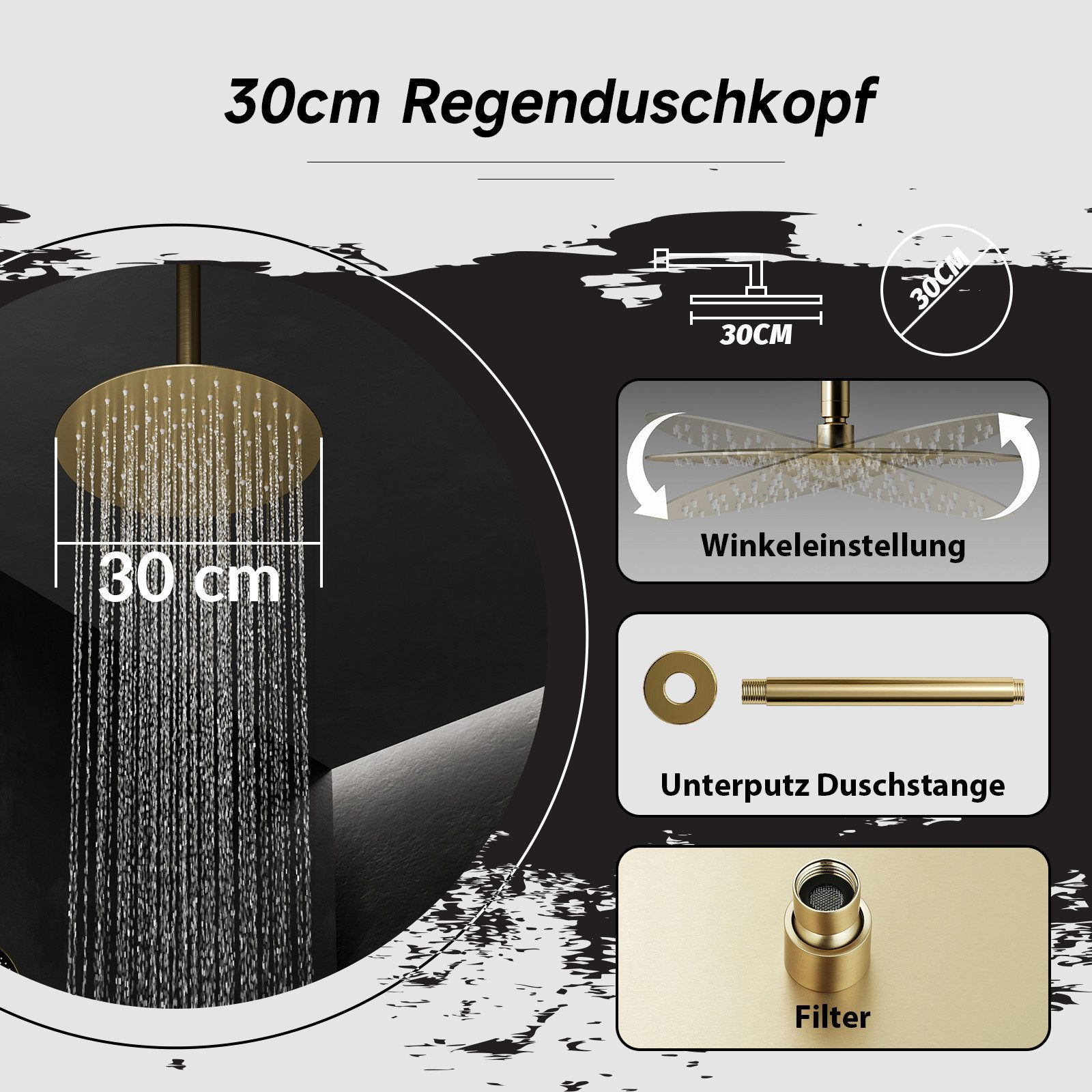 Diagramm eines 30 cm Regendusche-Kopfes mit Abmessungen und Installationsdetails.
