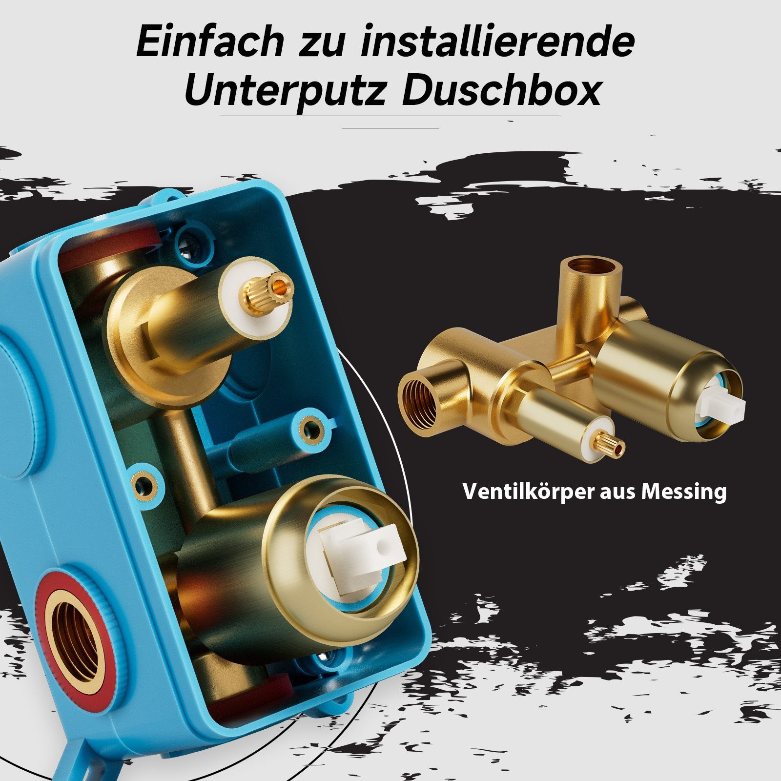 Eine Explosionszeichnung einer Duschbox, die das Ventil und die Wasseranschlüsse in Blau und Gold zeigt.