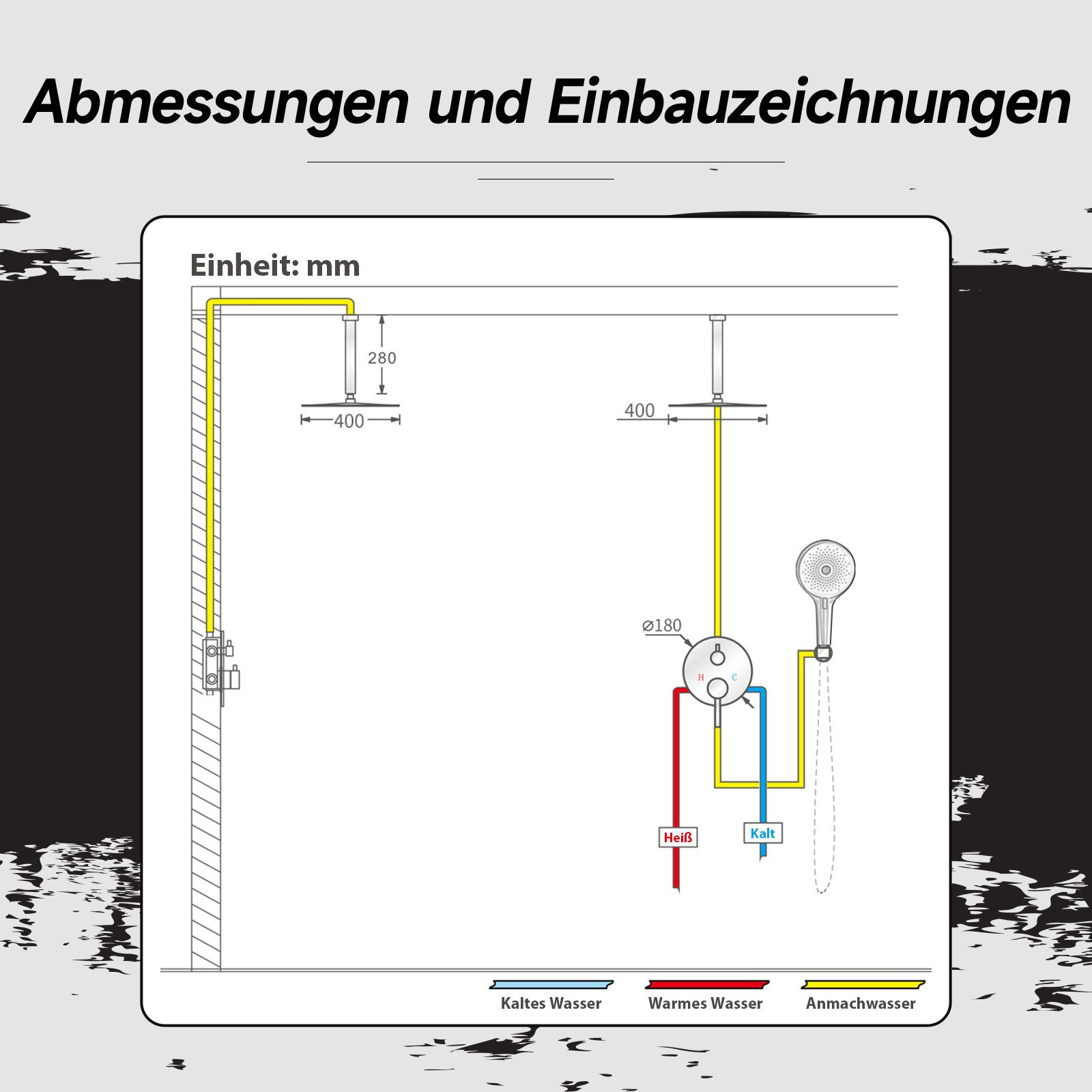 Diagramm mit Abmessungen und Installationsdetails für ein Duschsystem.