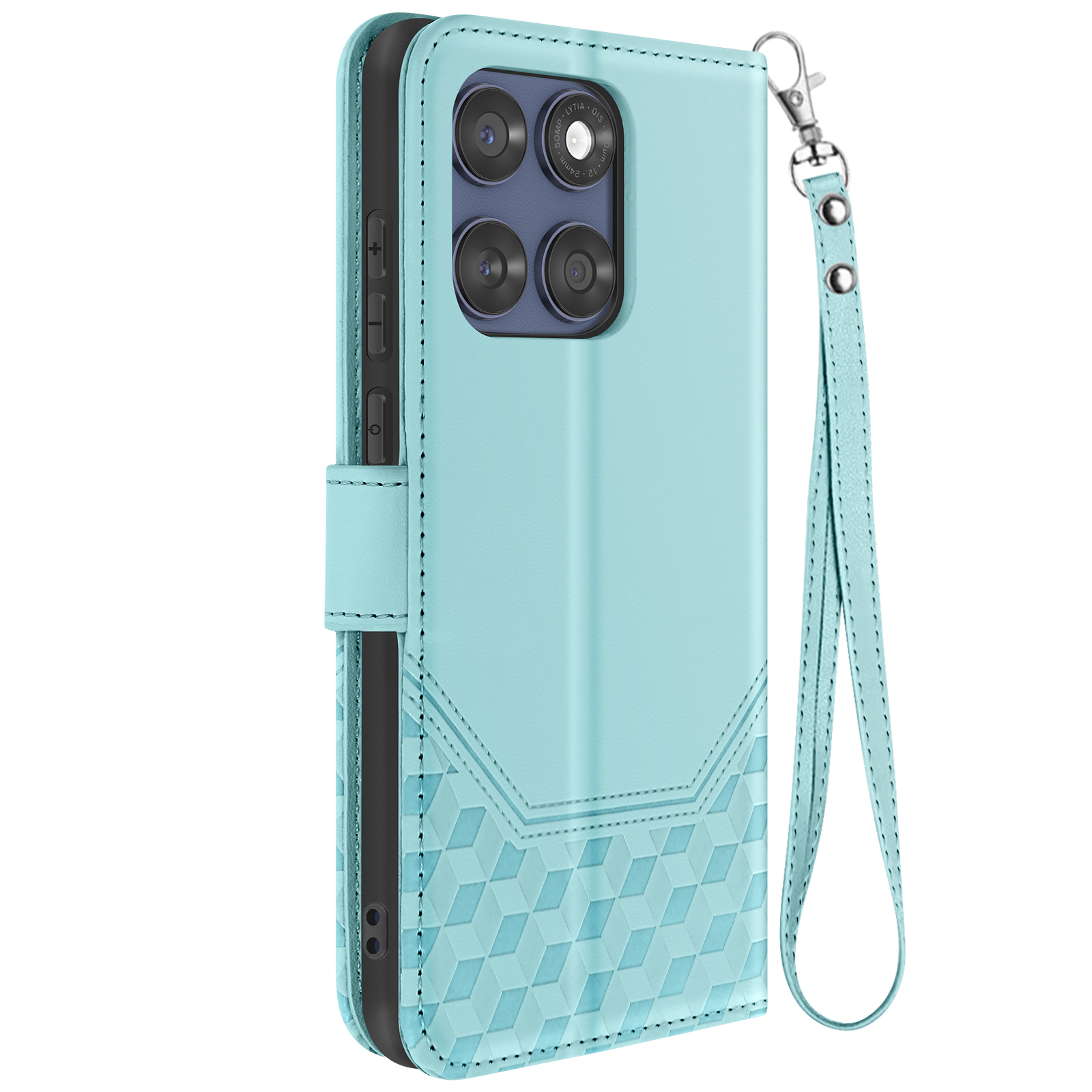 Una custodia per telefono turchese con motivo strutturato e cinturino in pelle, con modulo fotocamera.
