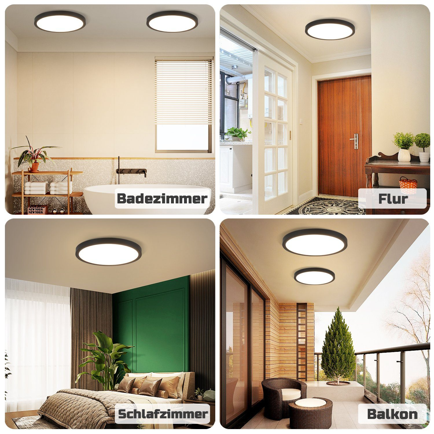 Quattro immagini che mostrano le luci a soffitto in diverse stanze: bagno, corridoio, camera da letto e balcone.